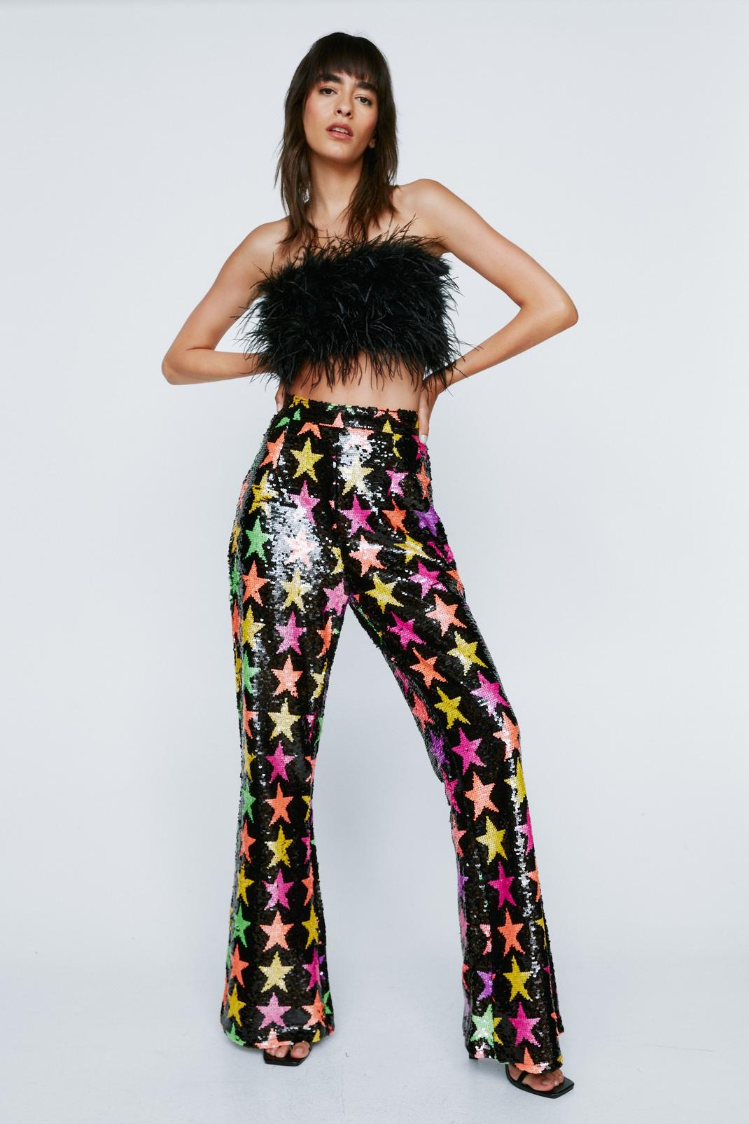 Rainbow Sequin Star Disco Flare Pants image number 1