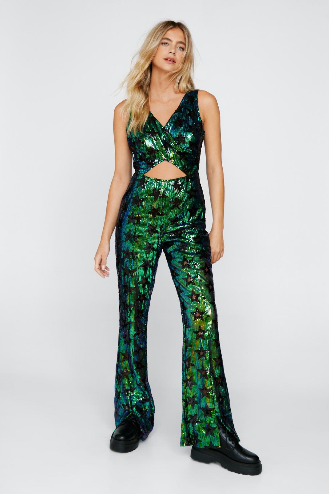 Green Star Sequin Cut Out Flare Jumpsuit image number 1