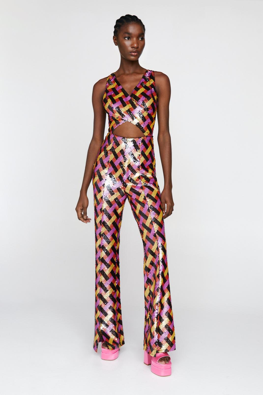 Multi Check Sequin Cut Out Flare Jumpsuit image number 1