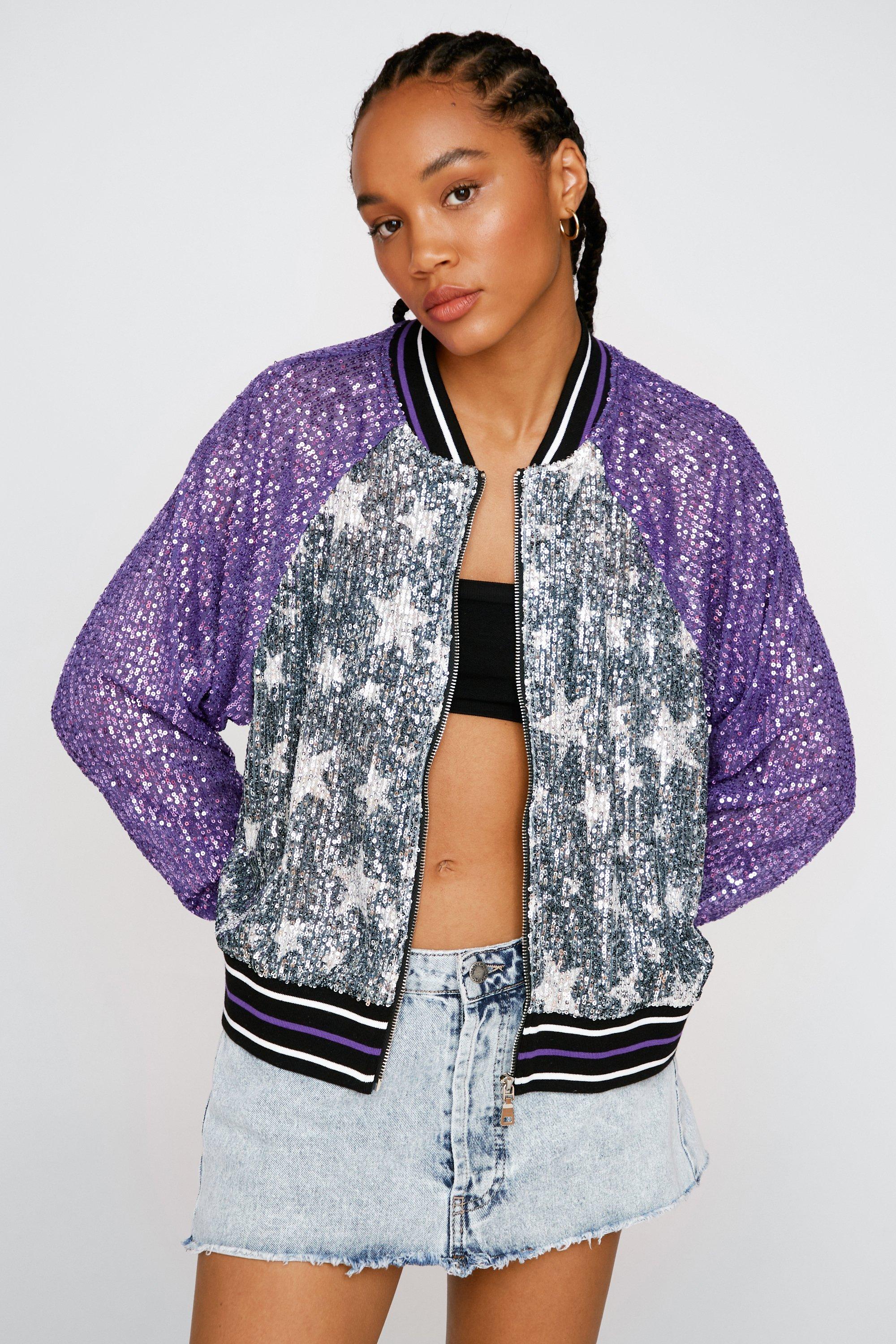 purple sequin bomber jacket