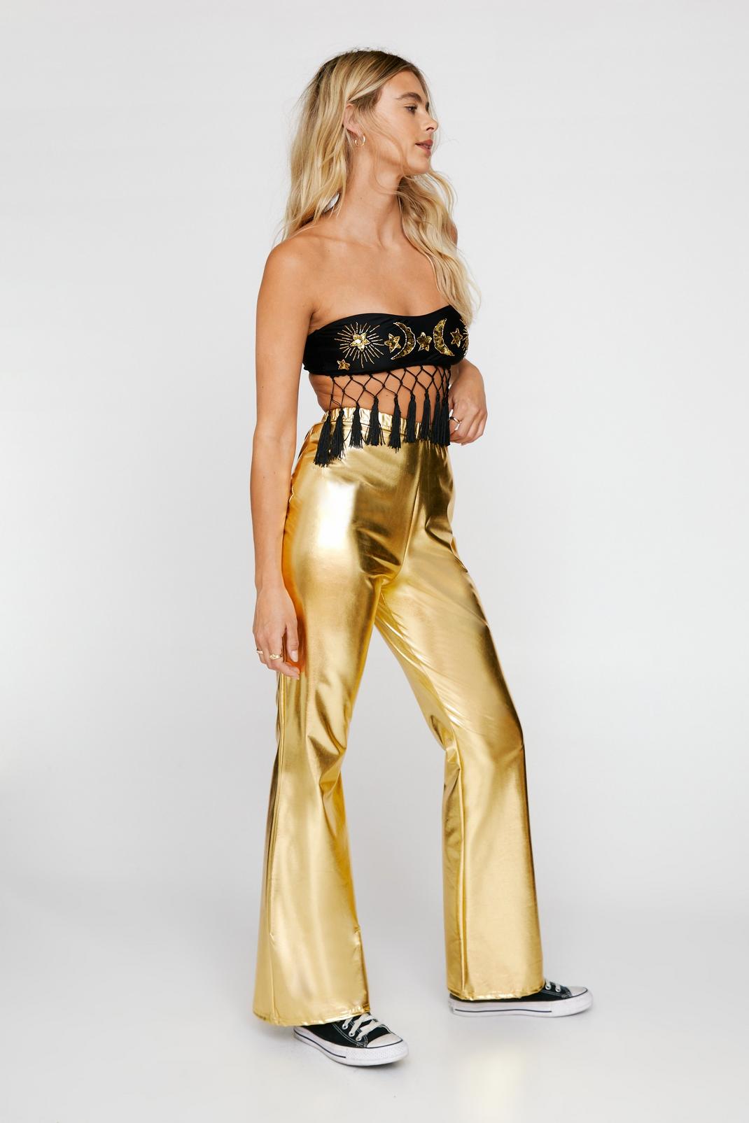 Gold Metallic Foil Flared Pants image number 1