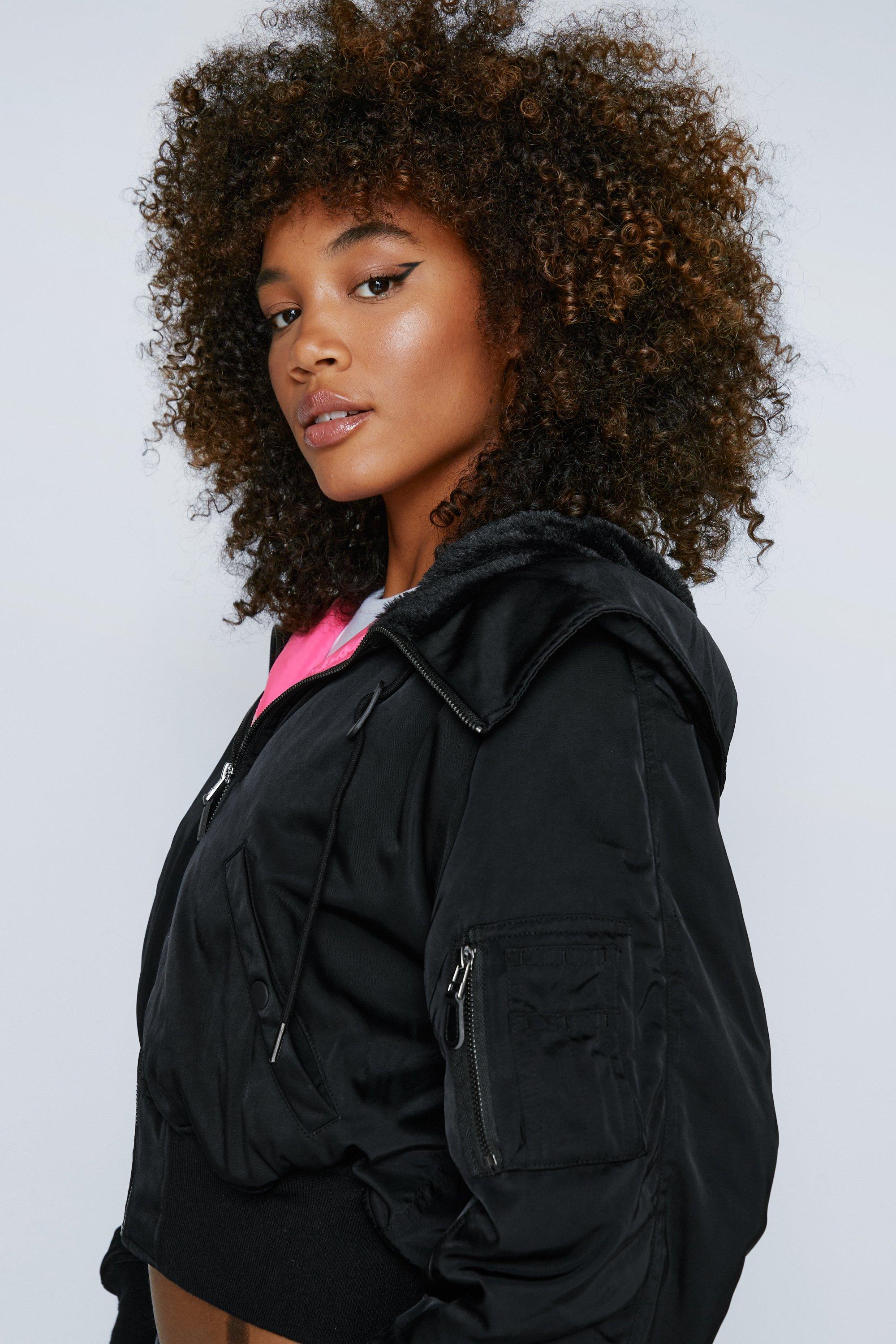 Faux Fur Lined Zip Hood Bomber Jacket