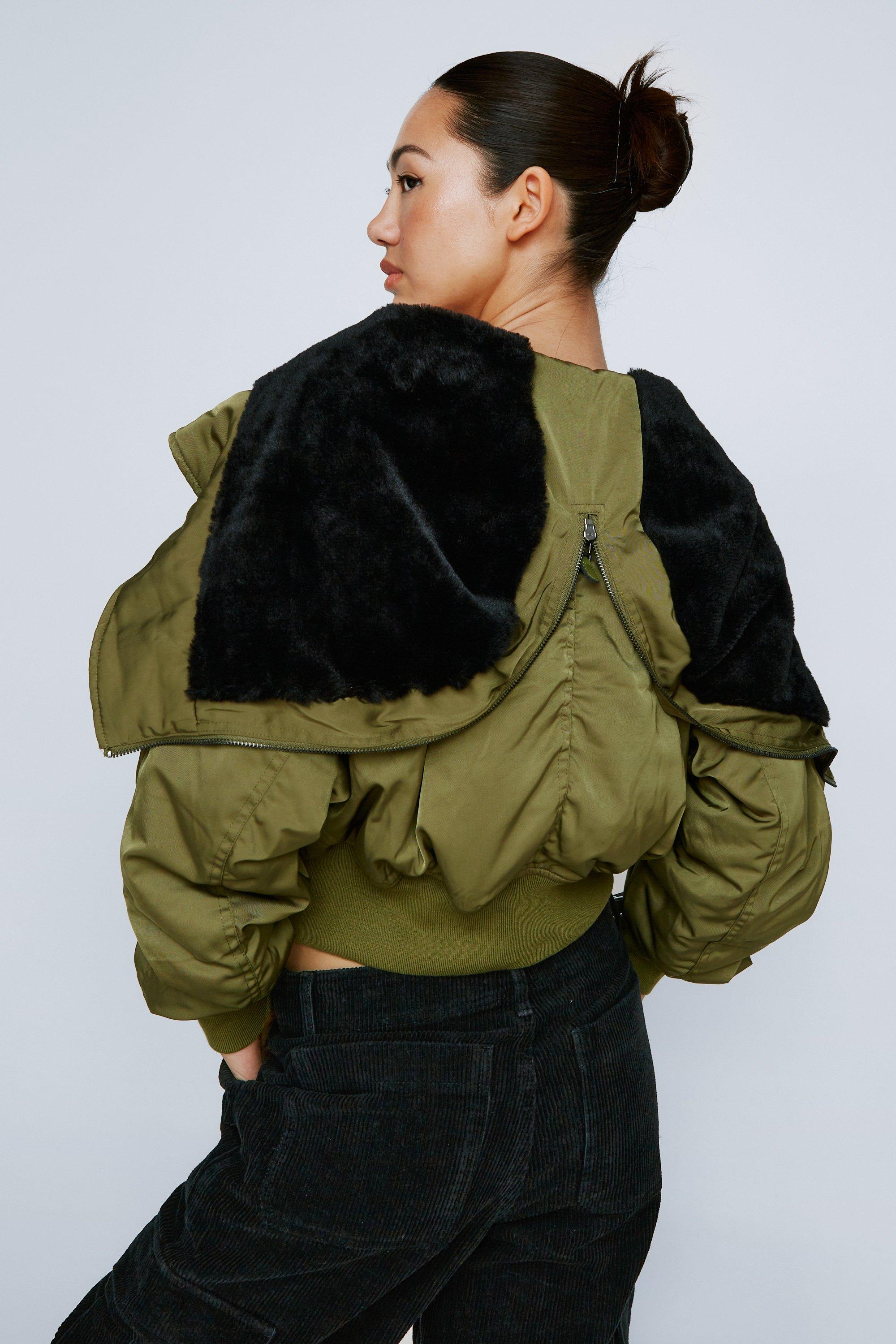 Faux Fur Lined Zip Hood Bomber Jacket