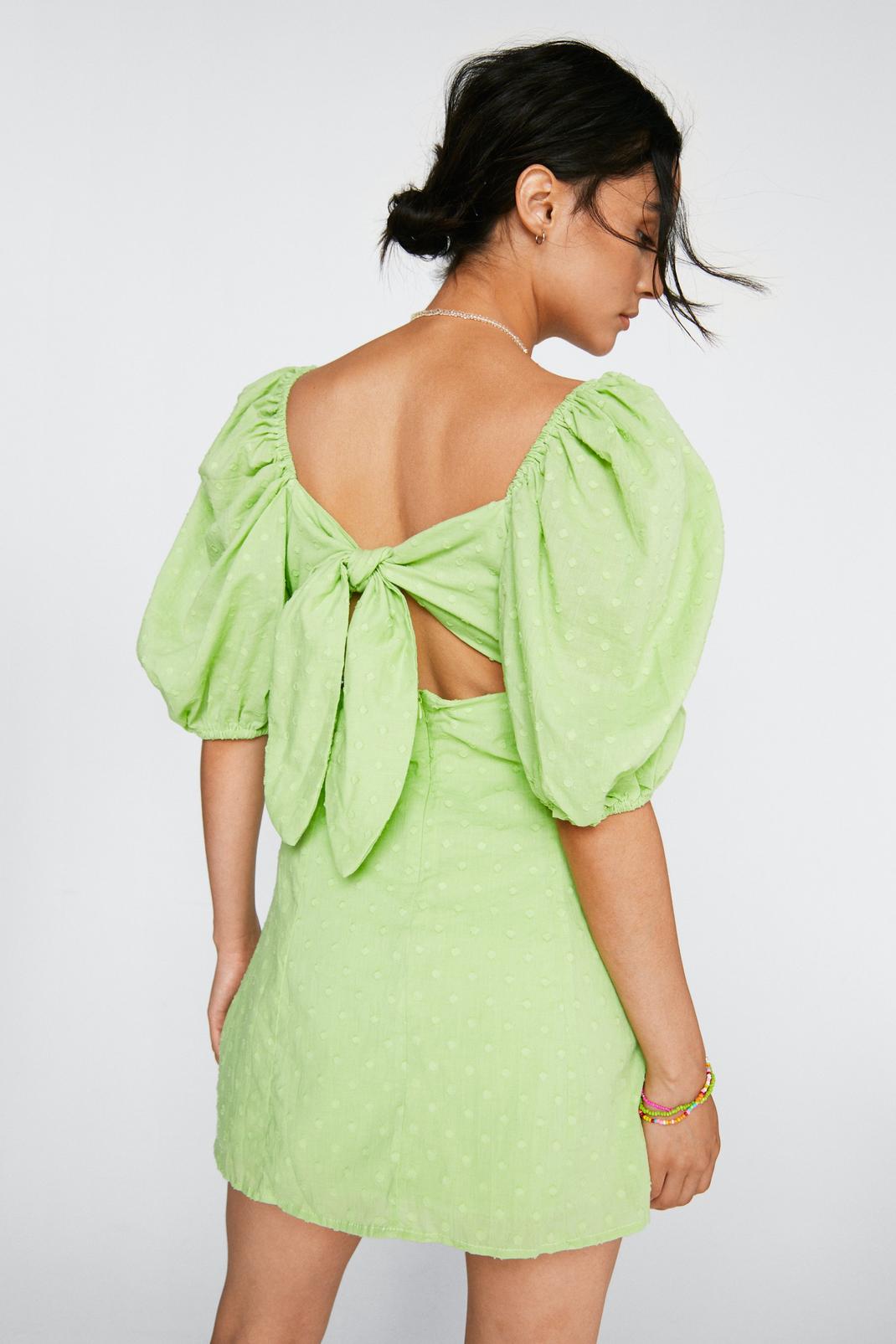 Lime Petite Tie Back Puff Sleeve Mini Dress image number 1