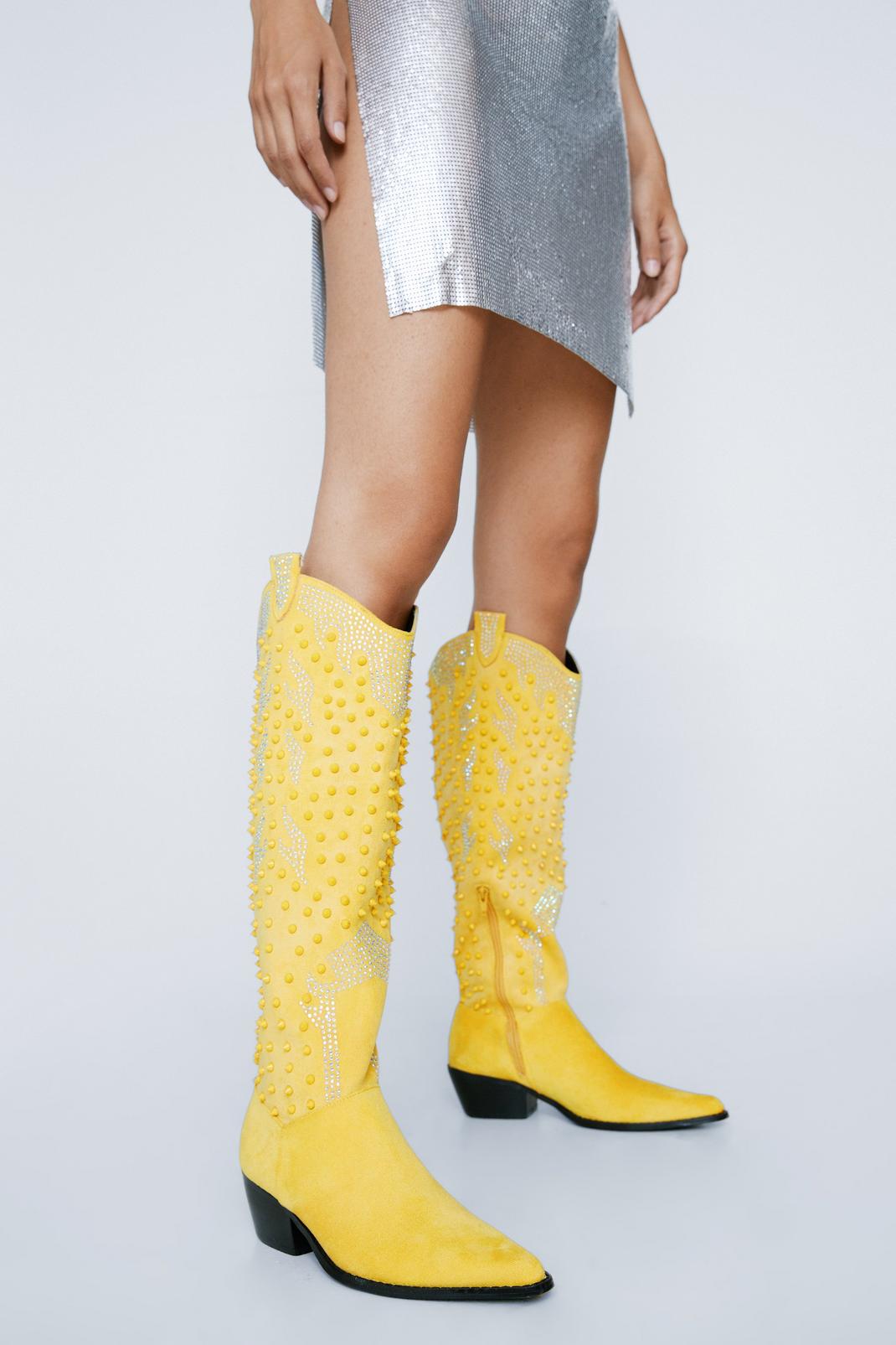 Yellow Faux Suede Rhinestone Cowboy Boots image number 1