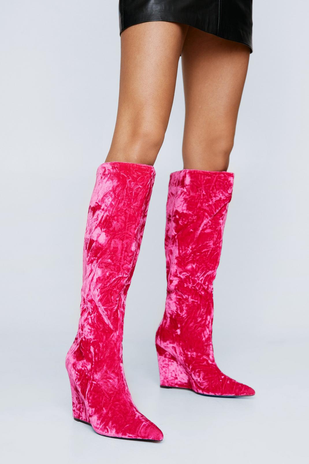 Pink Velvet Pointed Toe Wedge Knee High Boots image number 1