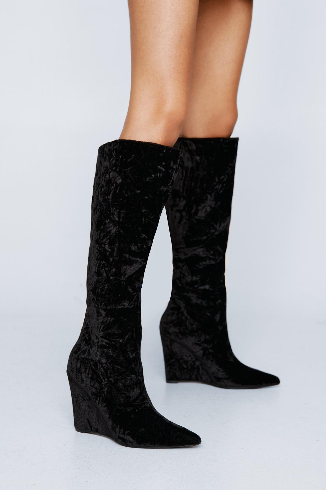 Black Velvet Pointed Toe Wedge Knee High Boots image number 1