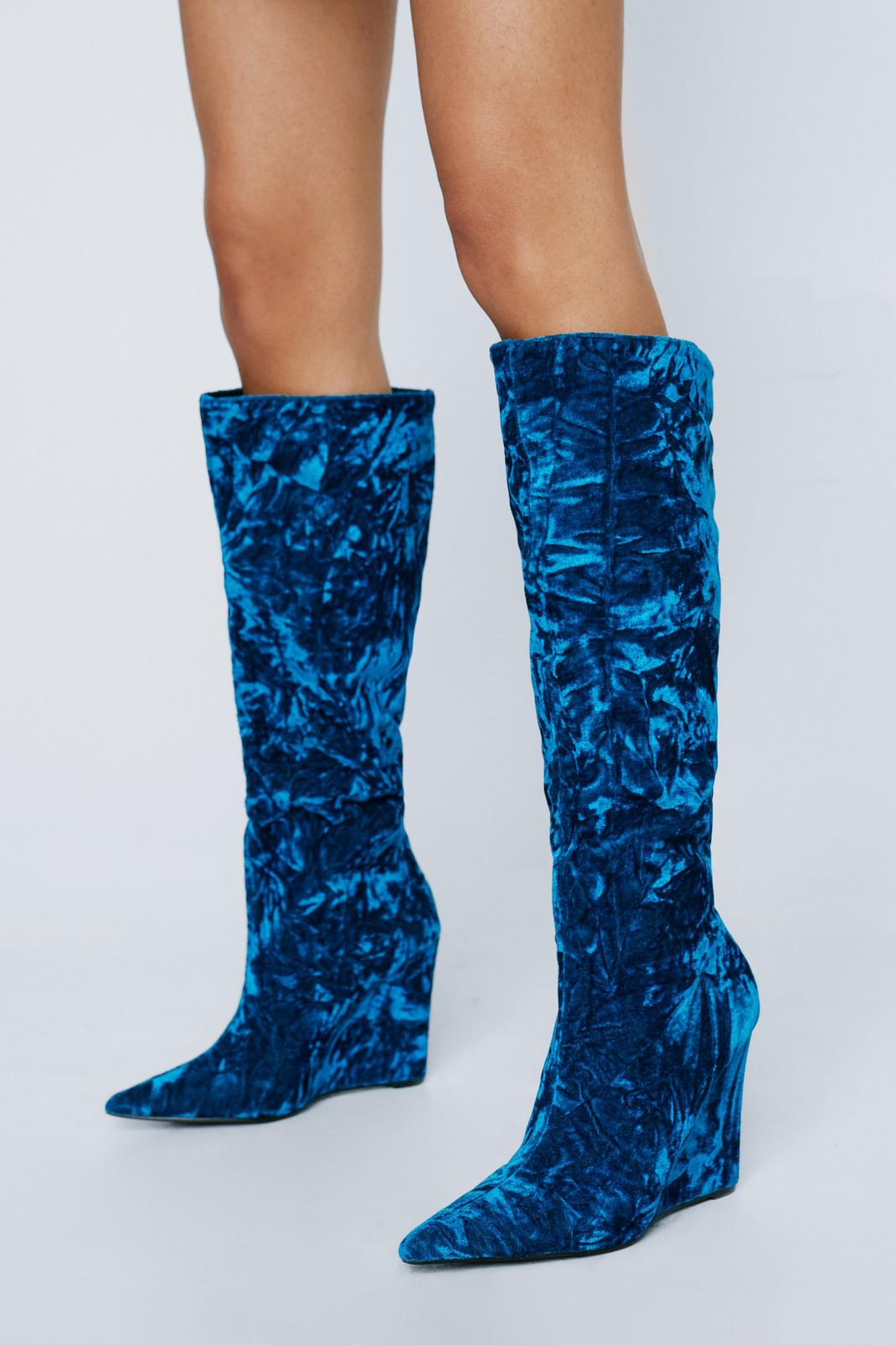 Blue Velvet Pointed Toe Wedge Knee High Boot image number 1