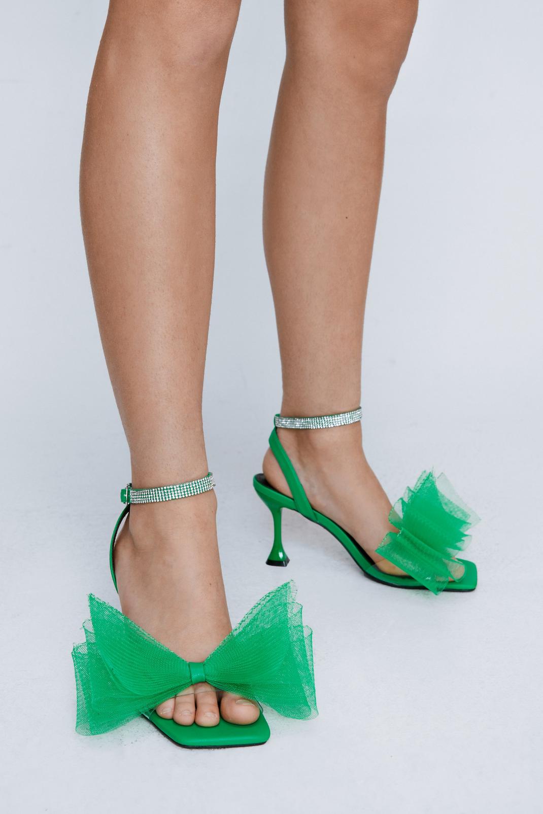 Green Faux Leather Bow Strappy Heels image number 1