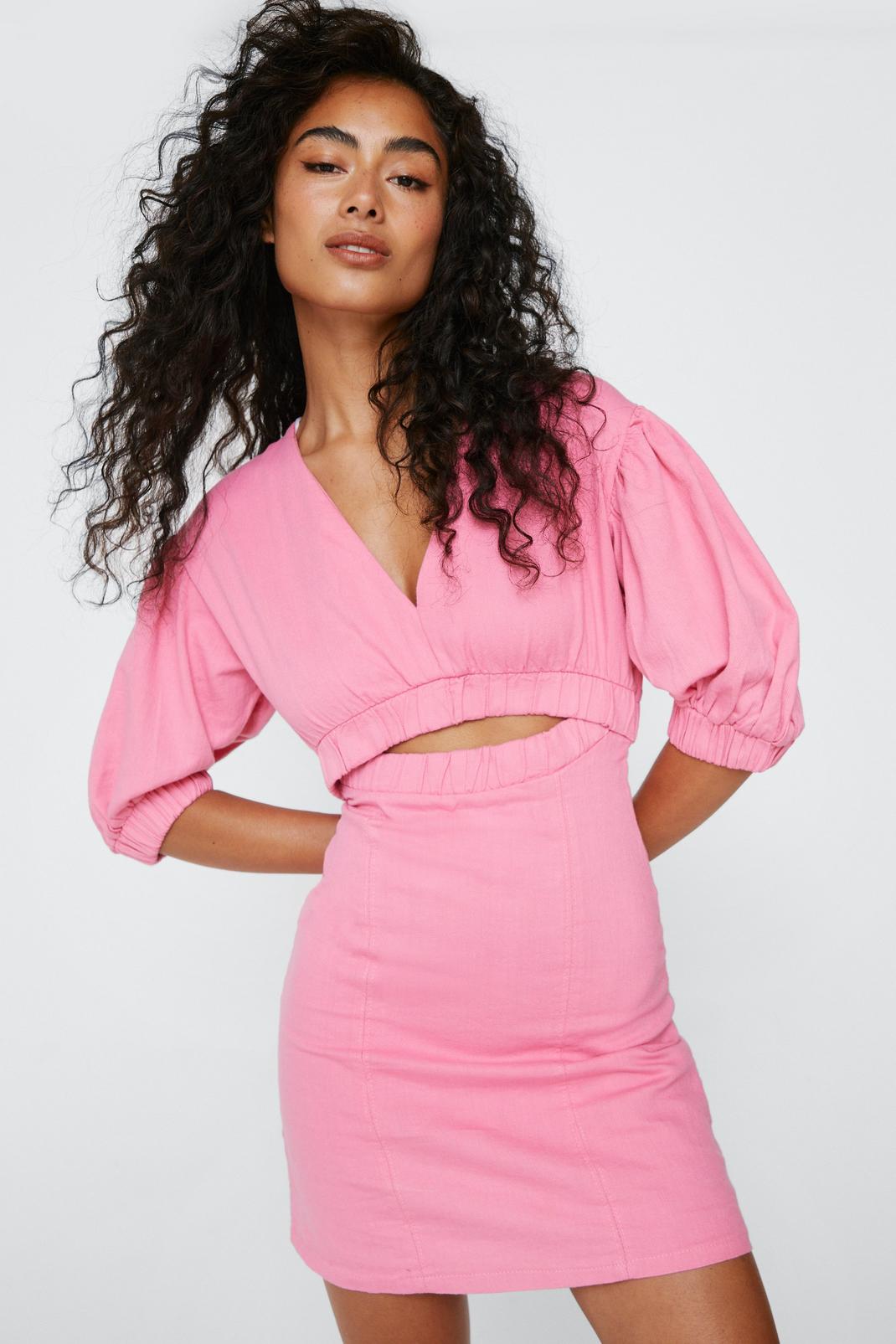 Pink Puff Sleeve V-Neckline Mini Dress image number 1