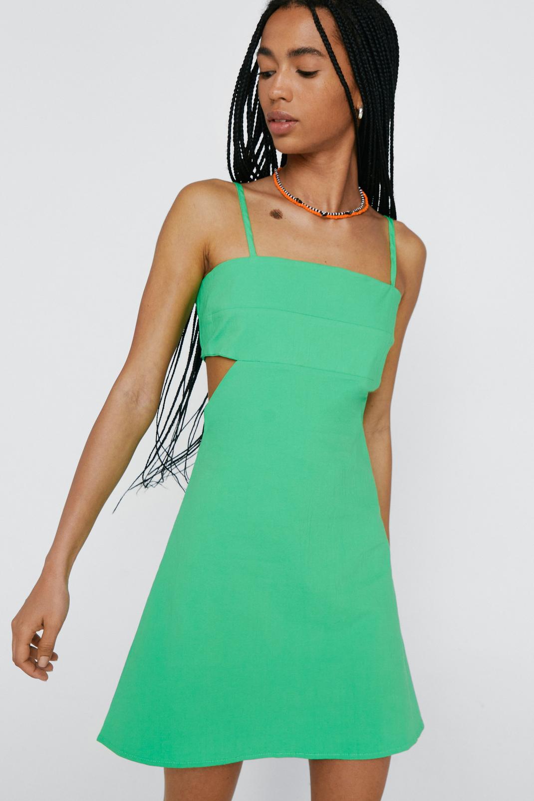 Green Linen Side Cut Out Fitted Mini Dress image number 1
