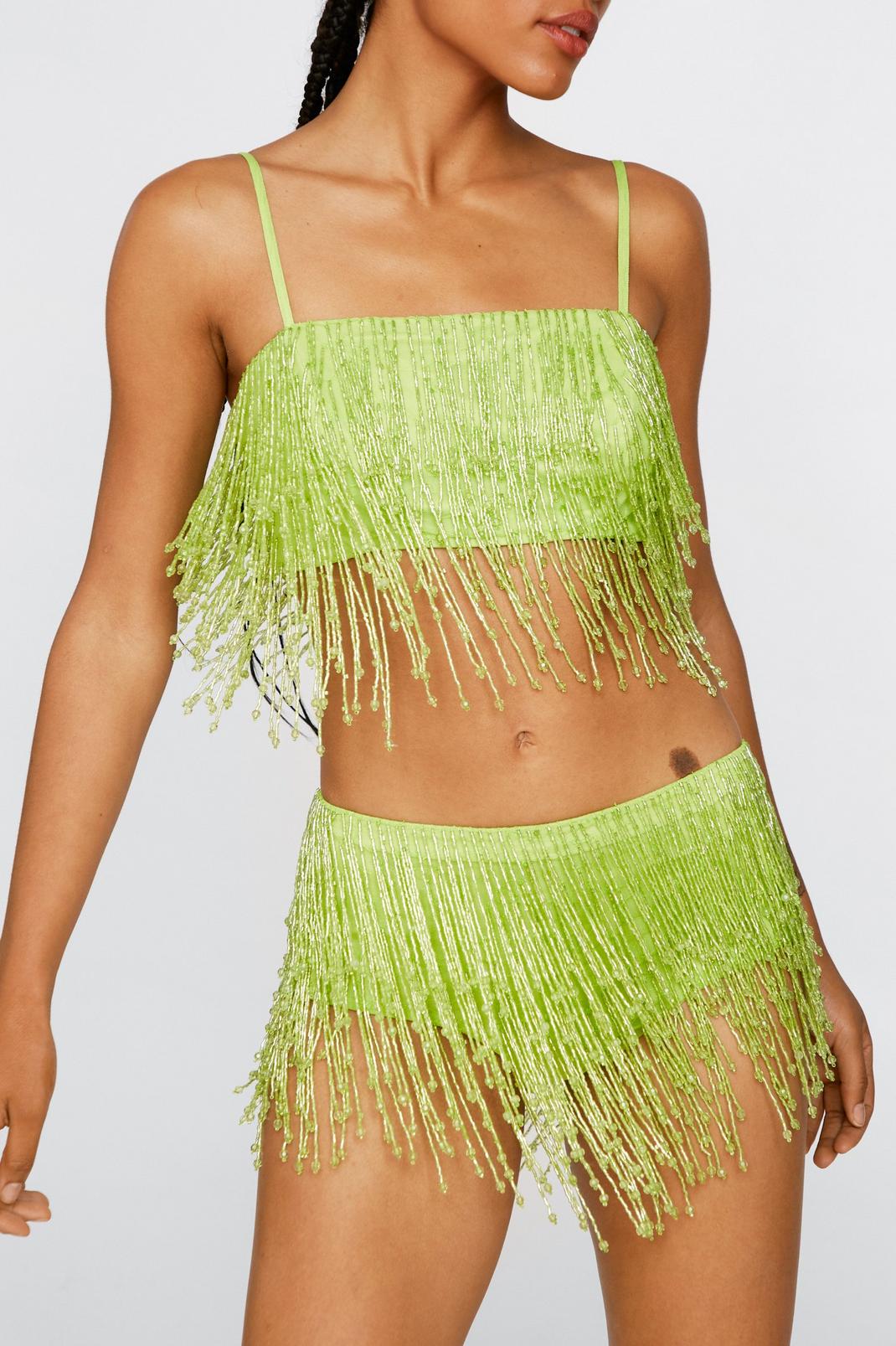 Green Sequin Tassel Bralette and Panties Two Piece Set image number 1