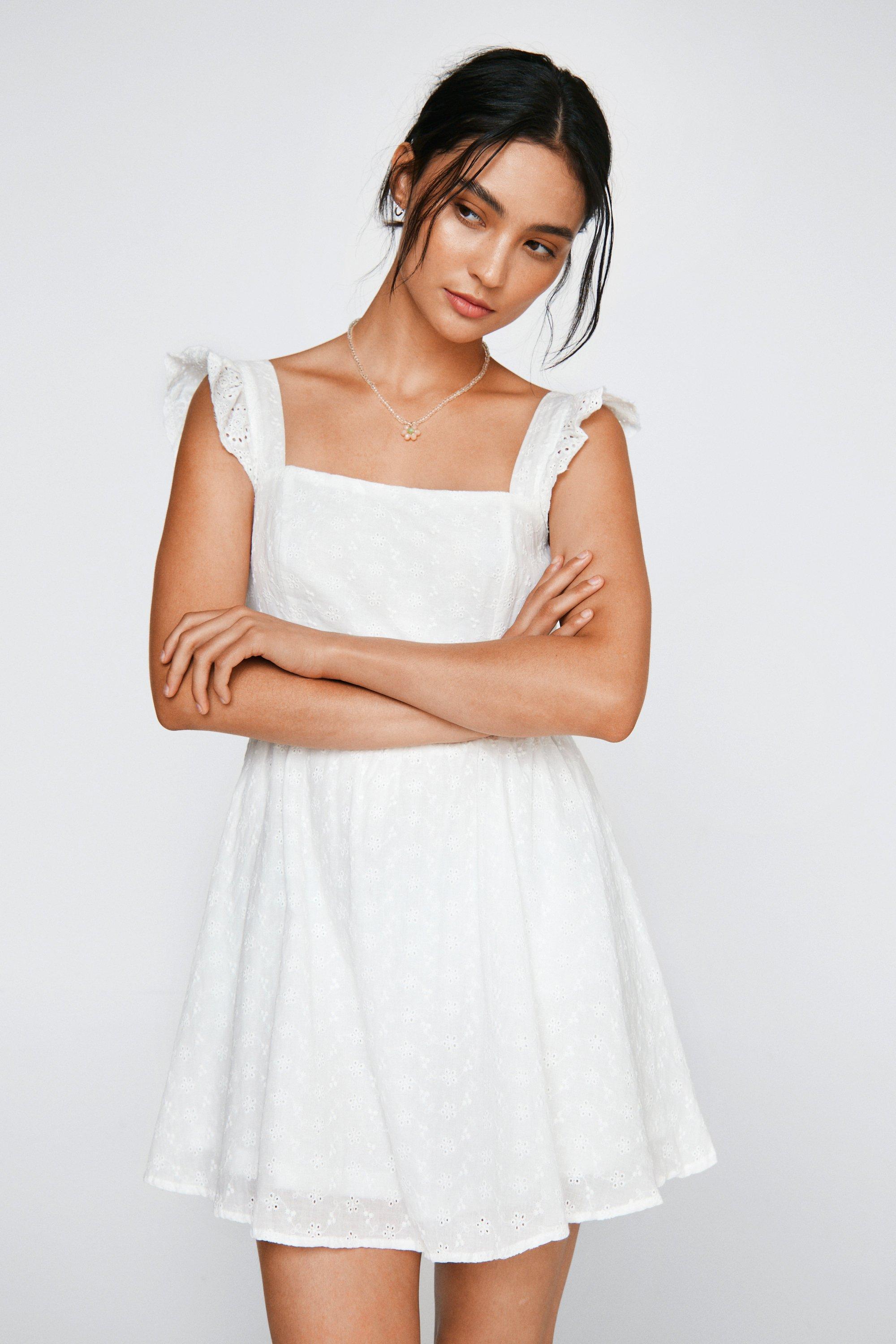 Petite Broderie Strappy Ruffle Mini Dress