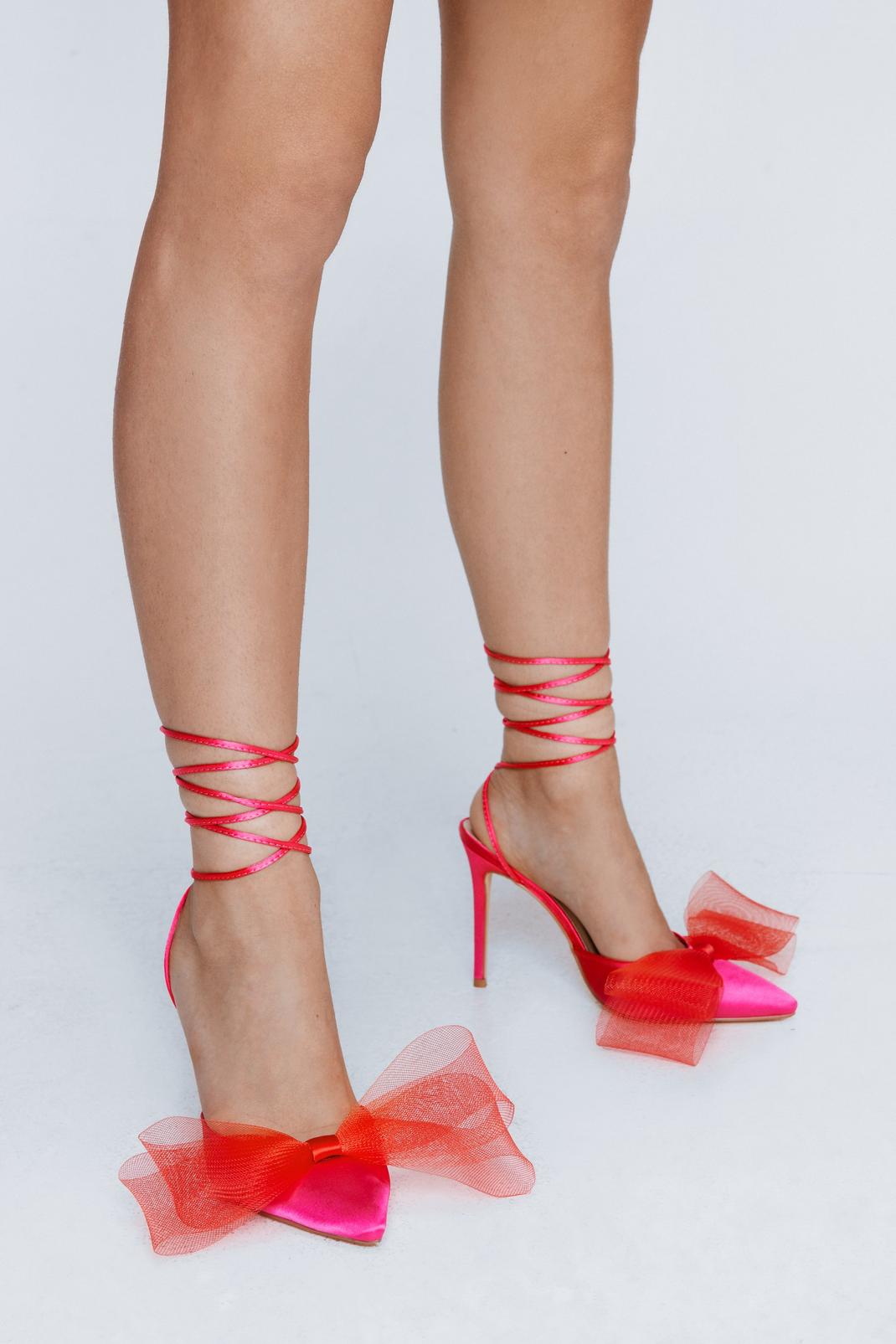 Pink Satin Contrast Bow Detail Court Heels  image number 1