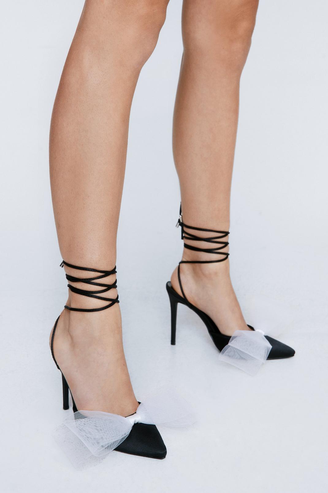 Black Contrast Bow Satin Strappy Court Heels  image number 1