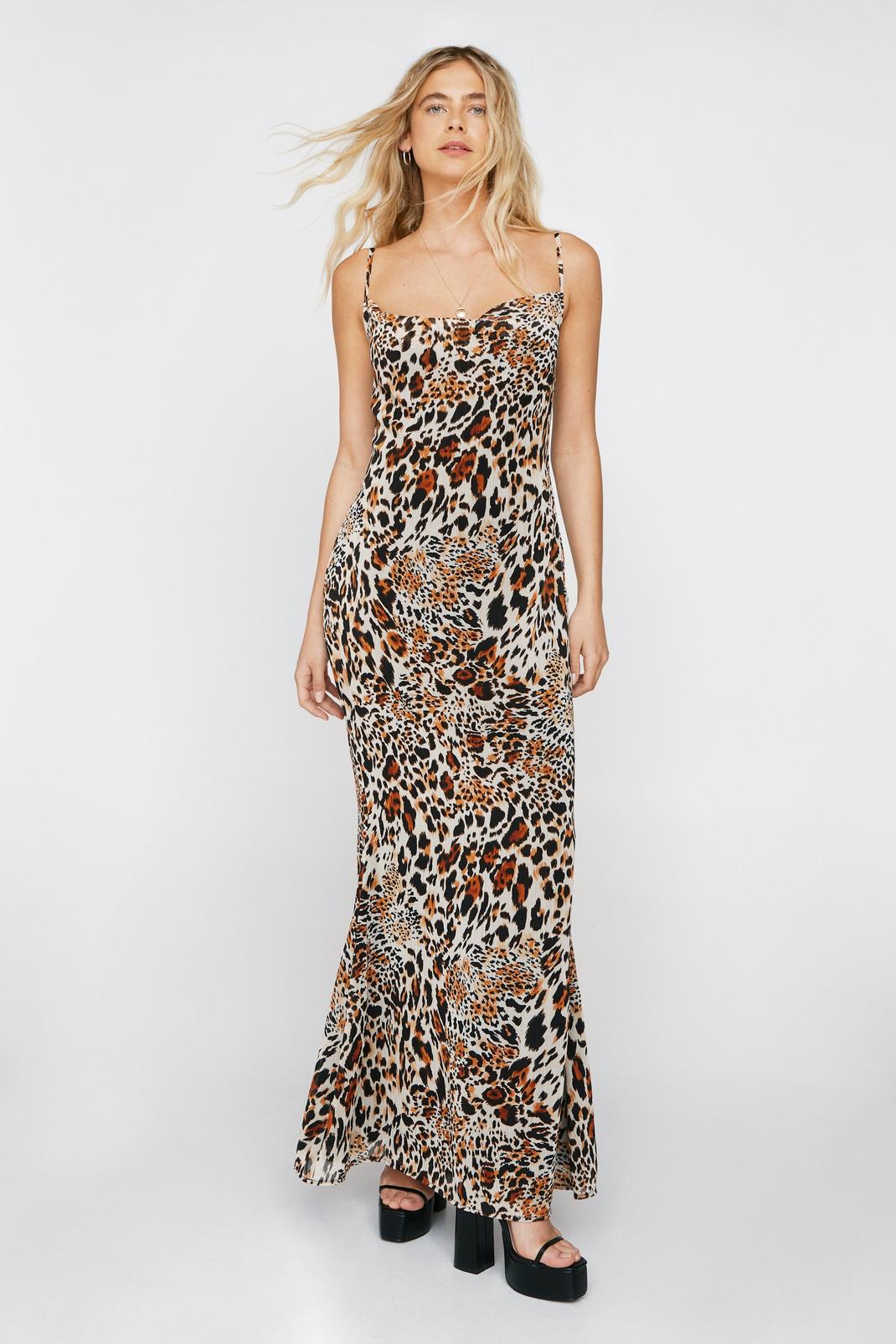Brown Leopard Print Cowl Neck Maxi Dress image number 1