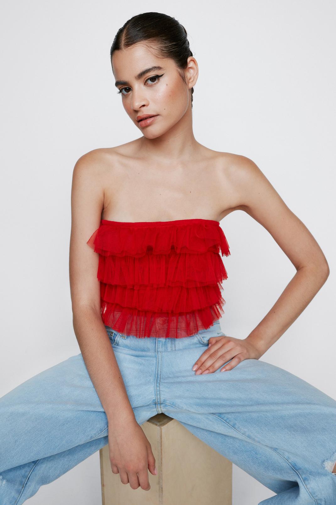 Red Tulle Layered Bandeau Top image number 1