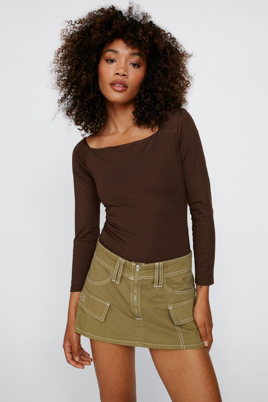 Brown Long Sleeve Off the Shoulder Fitted Bodysuit image number 1