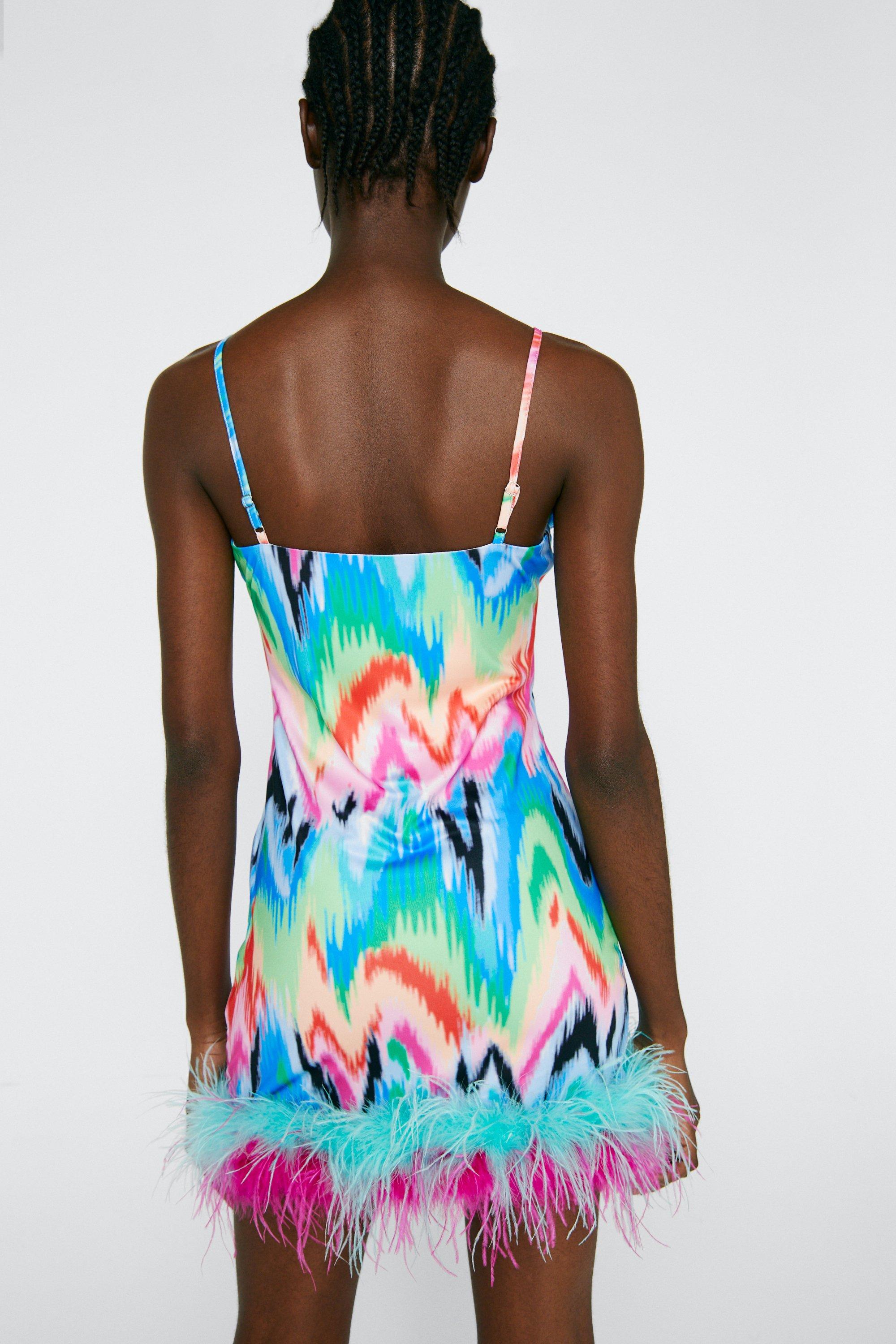 Abstract Print Slinky Feather Trim Mini Dress