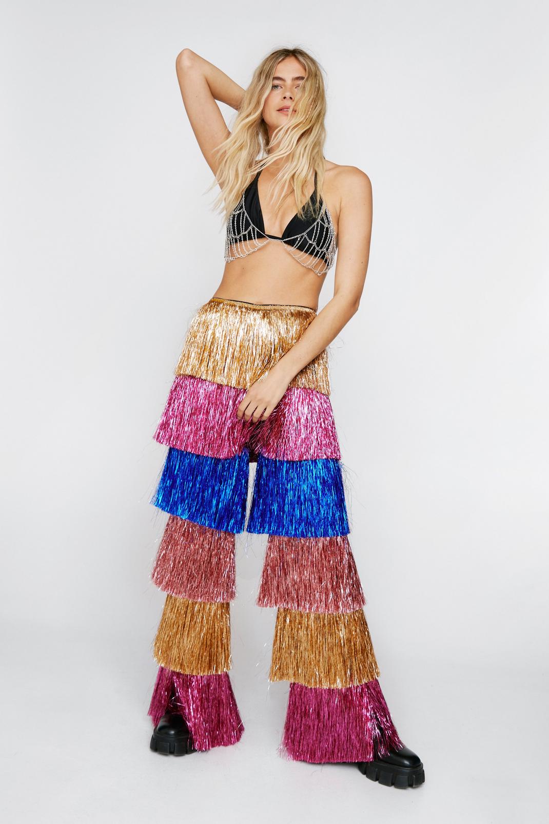 Blue Color Block Tinsel Tiered Pants image number 1