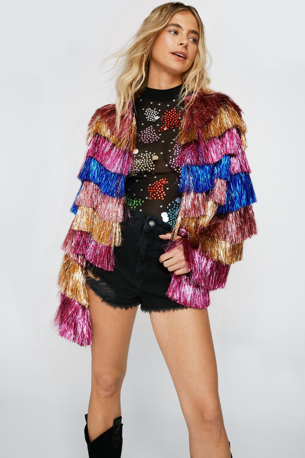 Blue Color Block Tinsel Cropped Jacket image number 1