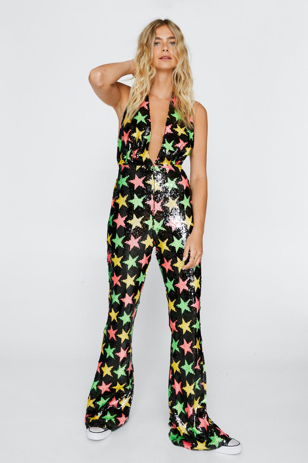 Black Star Sequin Halter Neck Jumpsuit image number 1