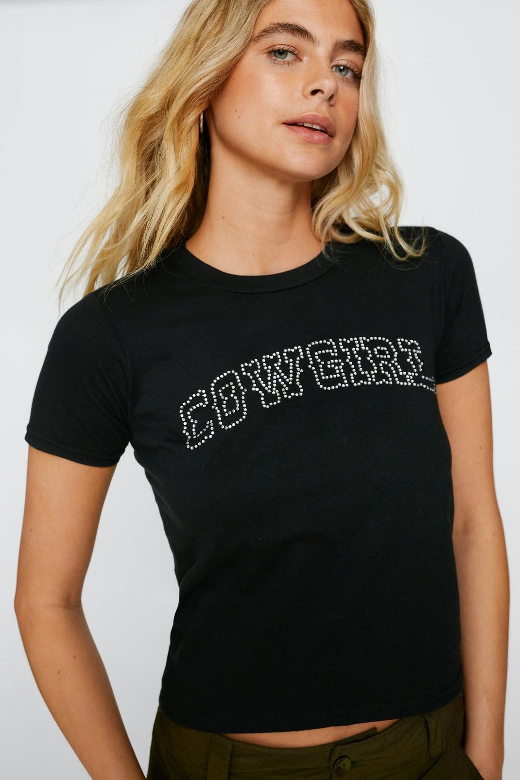 Black Cowgirl Embellished Fitted T-Shirt image number 1