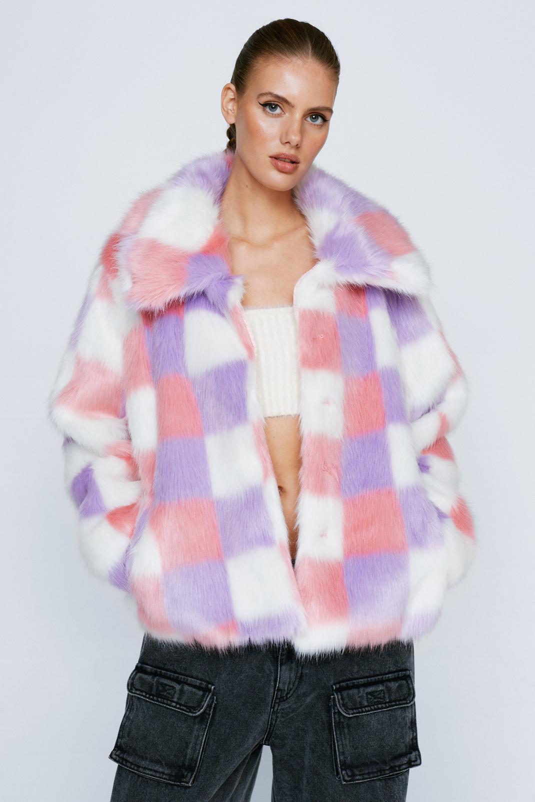 Lilac Candy Checkerboard Faux Fur Coat image number 1