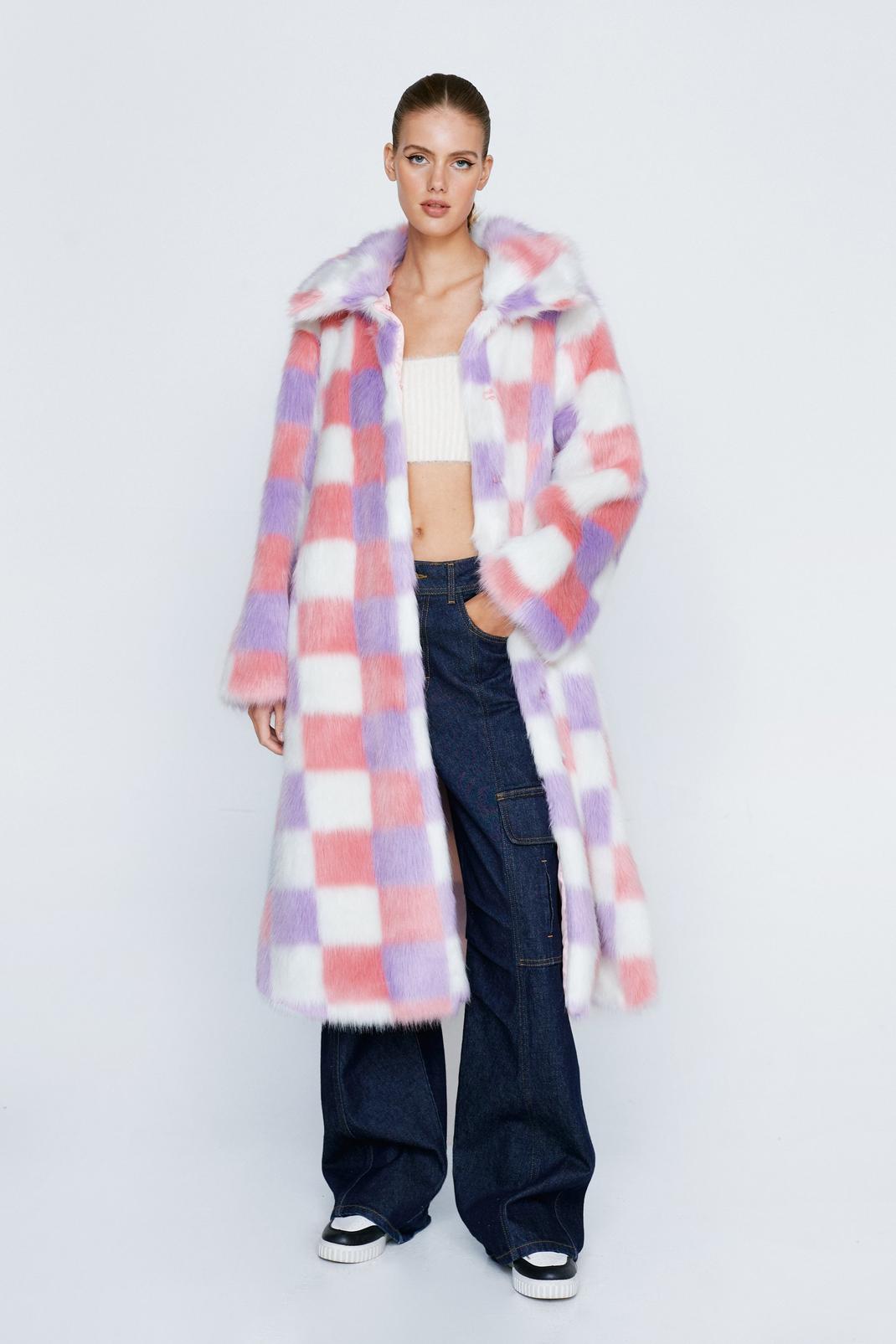 Premium Lilac Checkerboard Long Faux Fur Coat image number 1