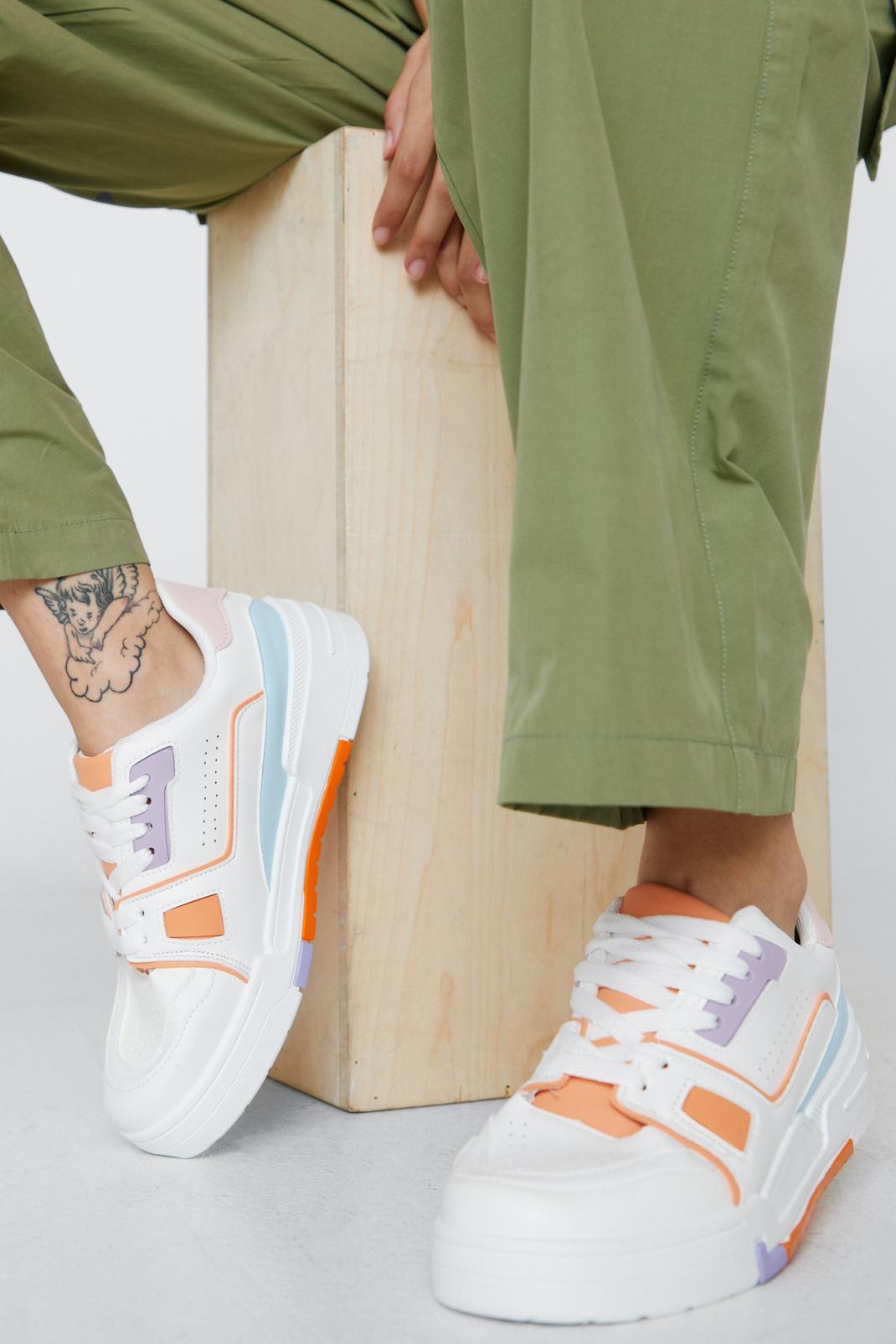 Faux Leather Colour Block Flatform Sneakers  image number 1