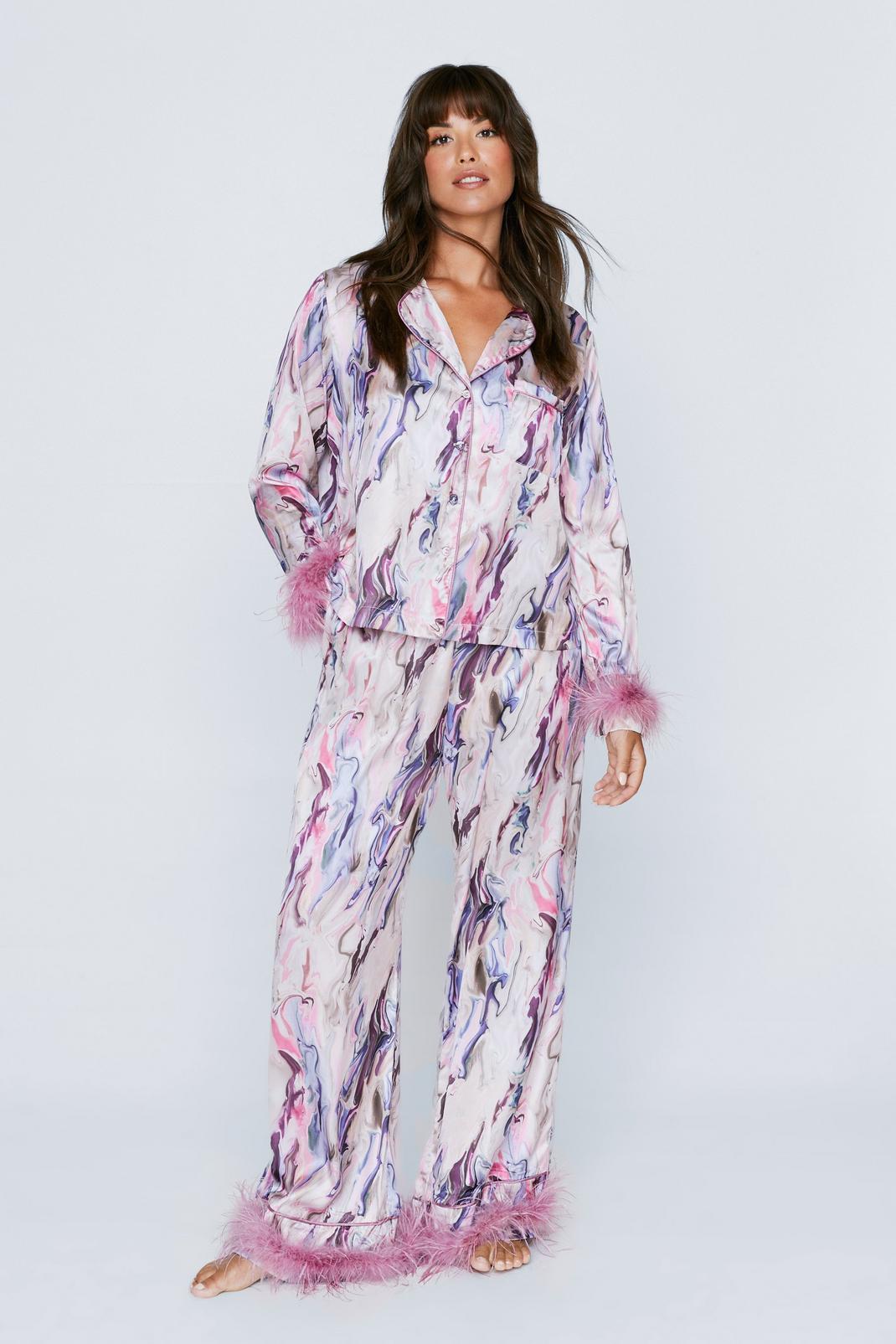 Grande taille - Pyjama imprimé marbre à bordure à plumes avec short, Mauve image number 1