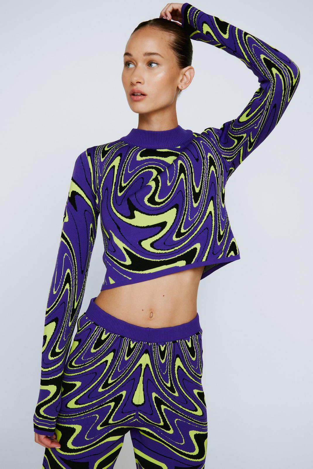 Purple Swirl Print Knitted High Neck Top image number 1