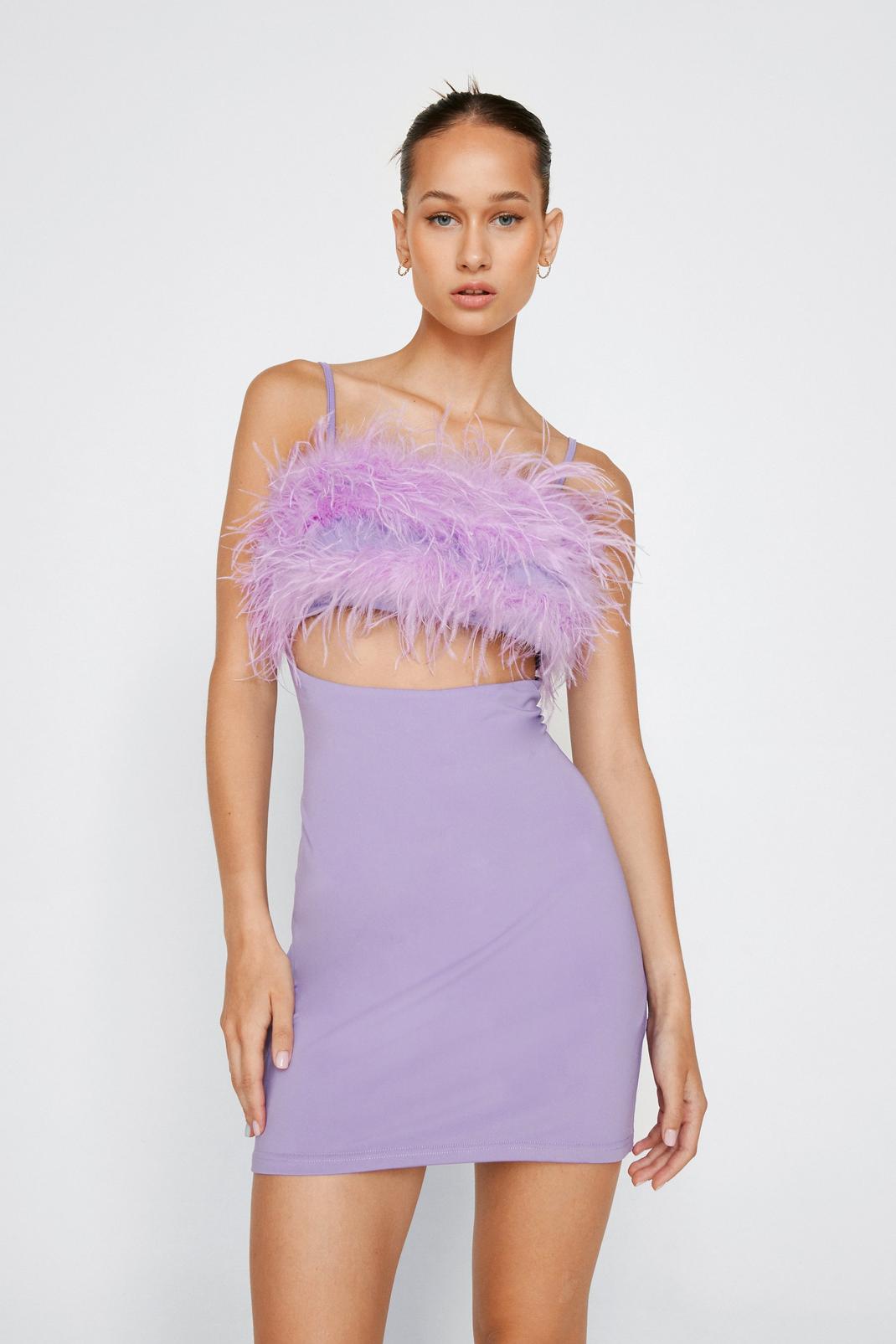 Lilac Feather Trim Bodycon Mini Dress image number 1