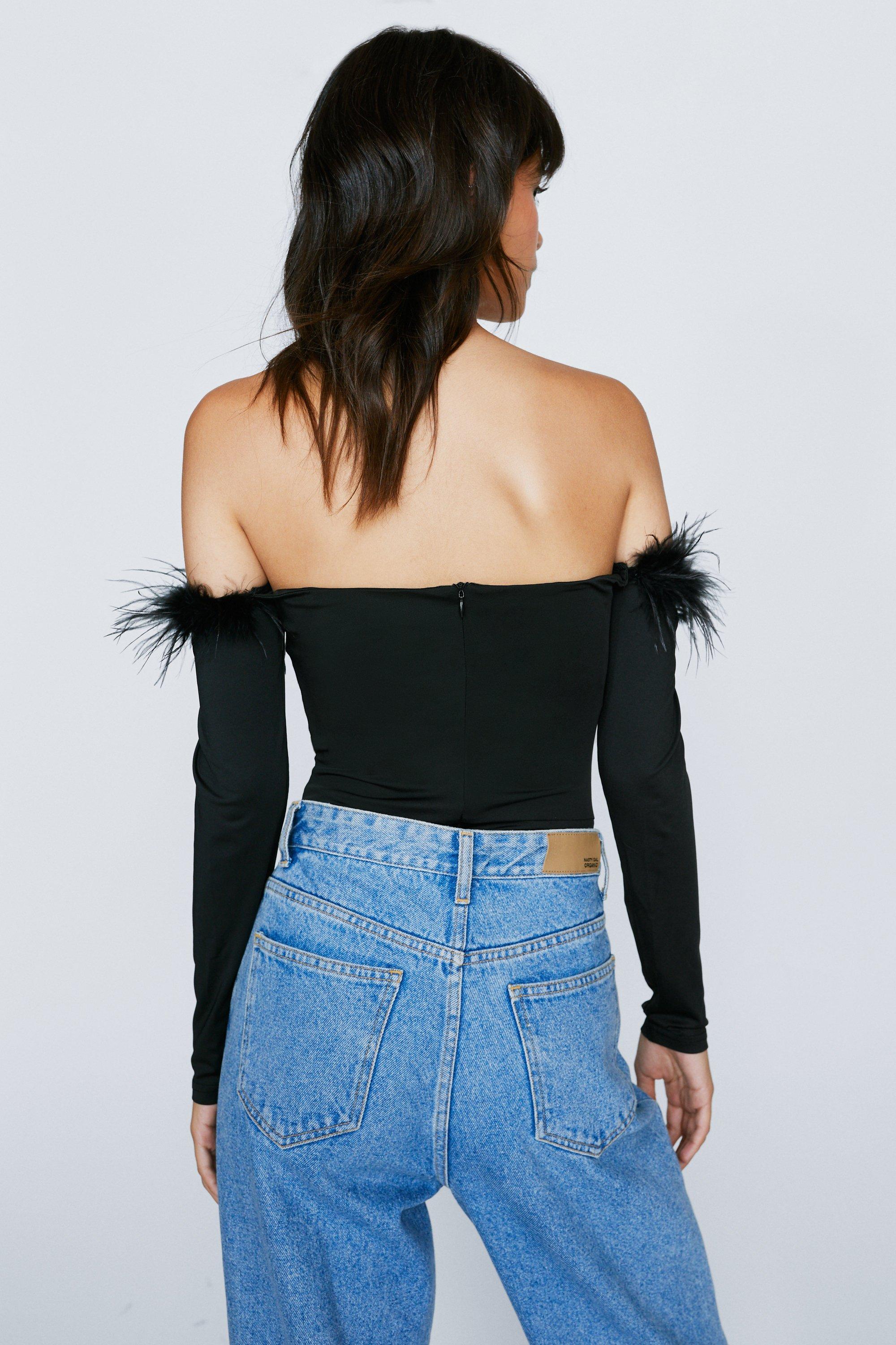 Off The Shoulder Black Ostrich Feather Bodysuit XLarge / 4’11”-5’2”