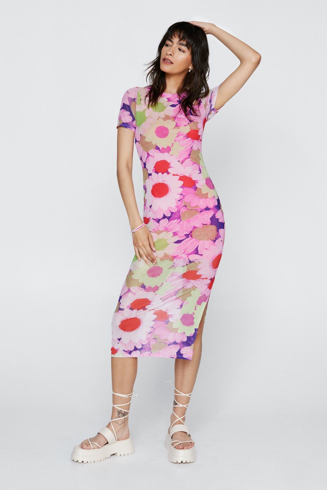 Multi Bold Floral Print Mesh Midi Dress image number 1