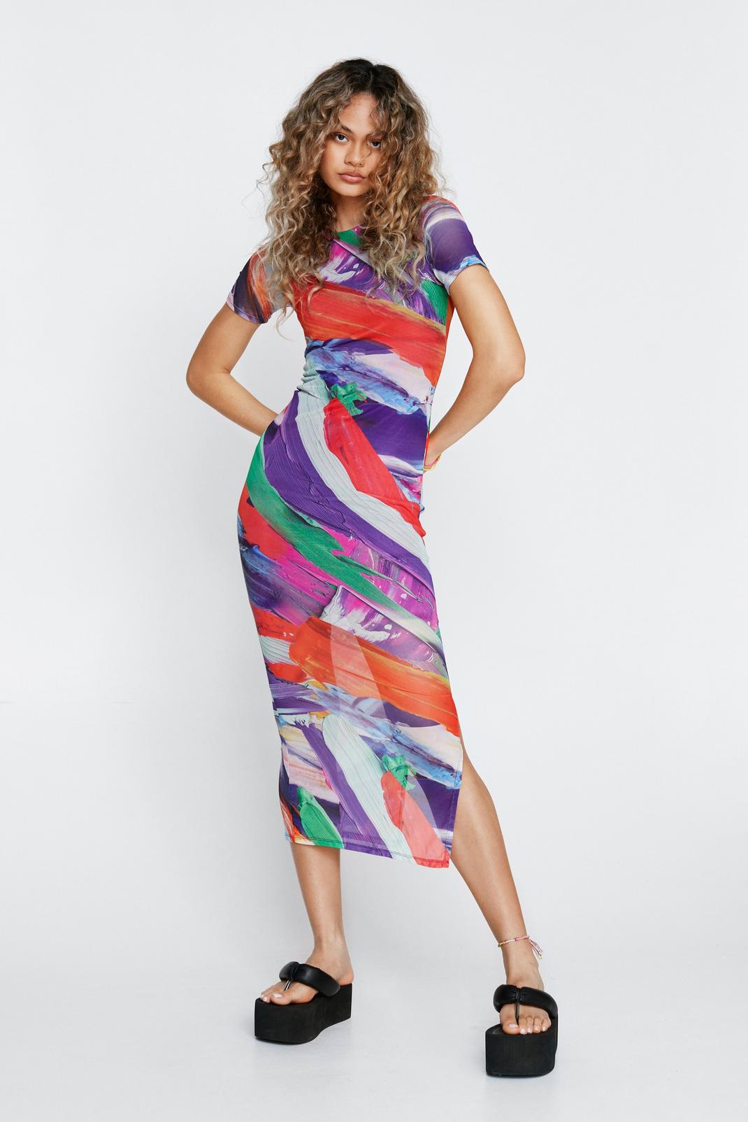 Robe longue à manches courtes en maille et à imprimé multicolore, Multi image number 1