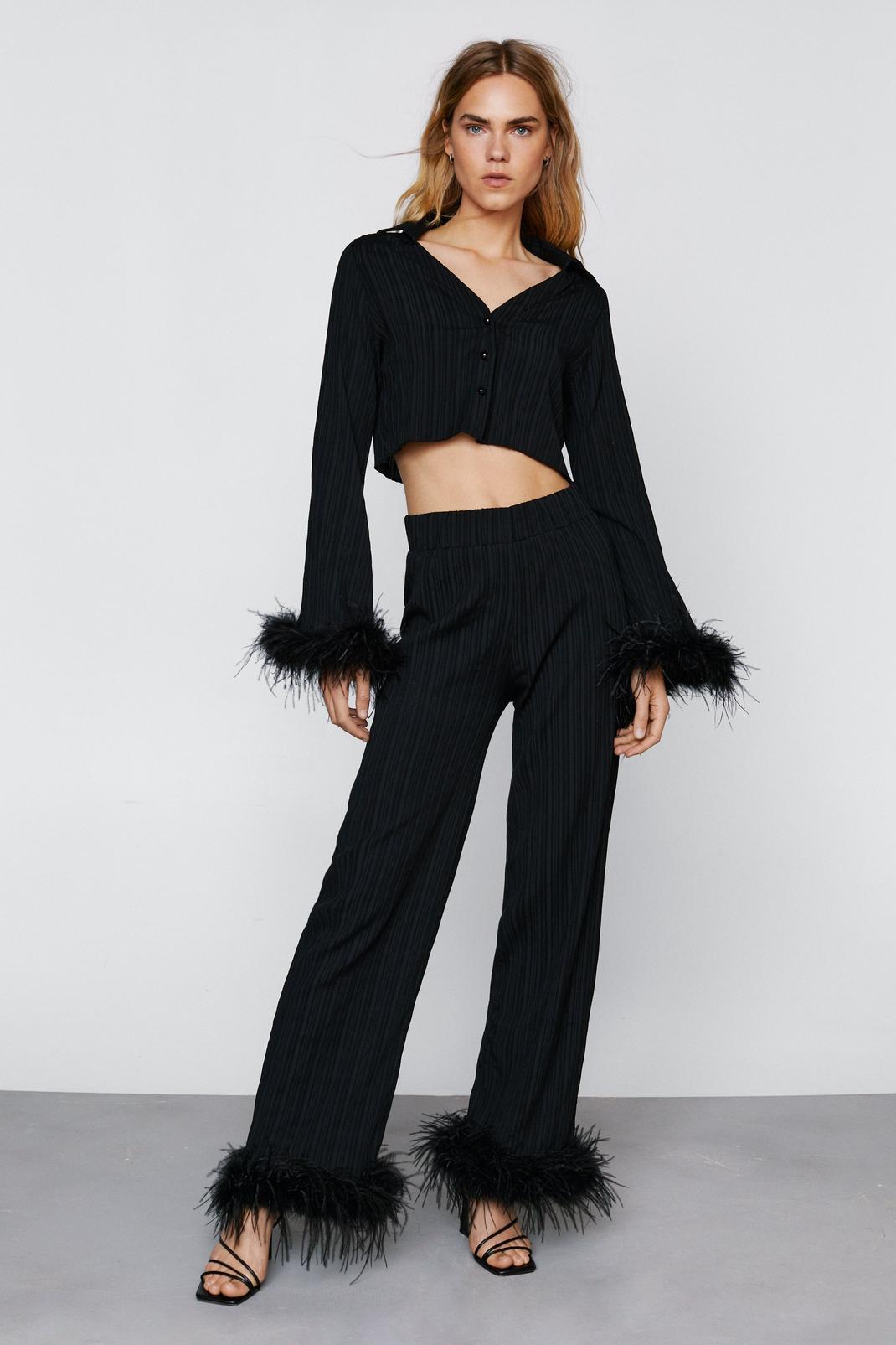Black Feather Trim Button Detail Top and Wide Leg Trousers Set image number 1