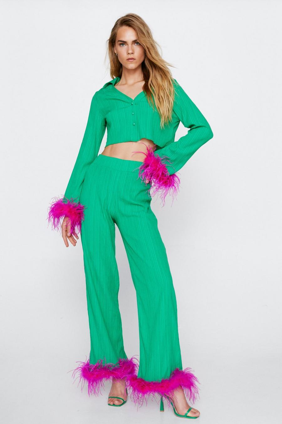 Feather Trim Button Detail Top and Wide Leg Pants Set