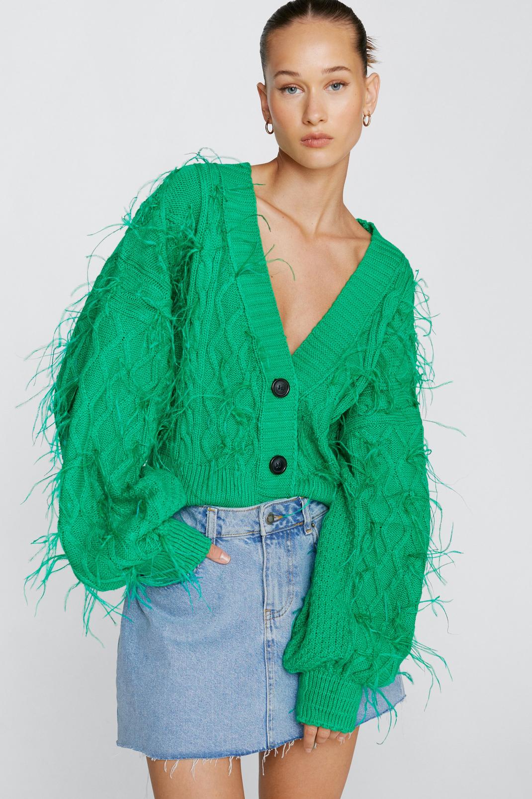 Green Premium Cable Knit Faux Feather Cardigan  image number 1