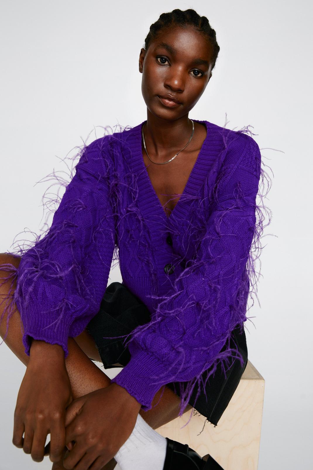 Purple Premium Cable Knit Faux Feather Cardigan  image number 1