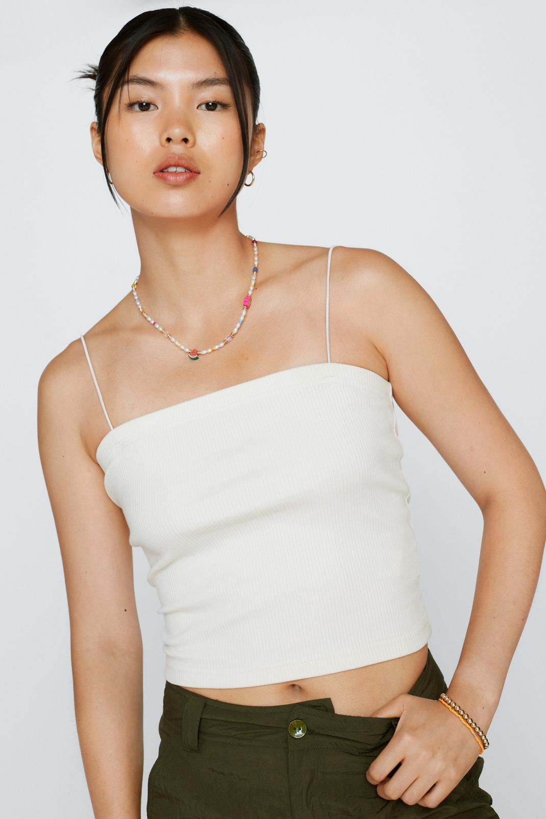 Ecru Strappy Square Neck Ribbed Crop Top image number 1