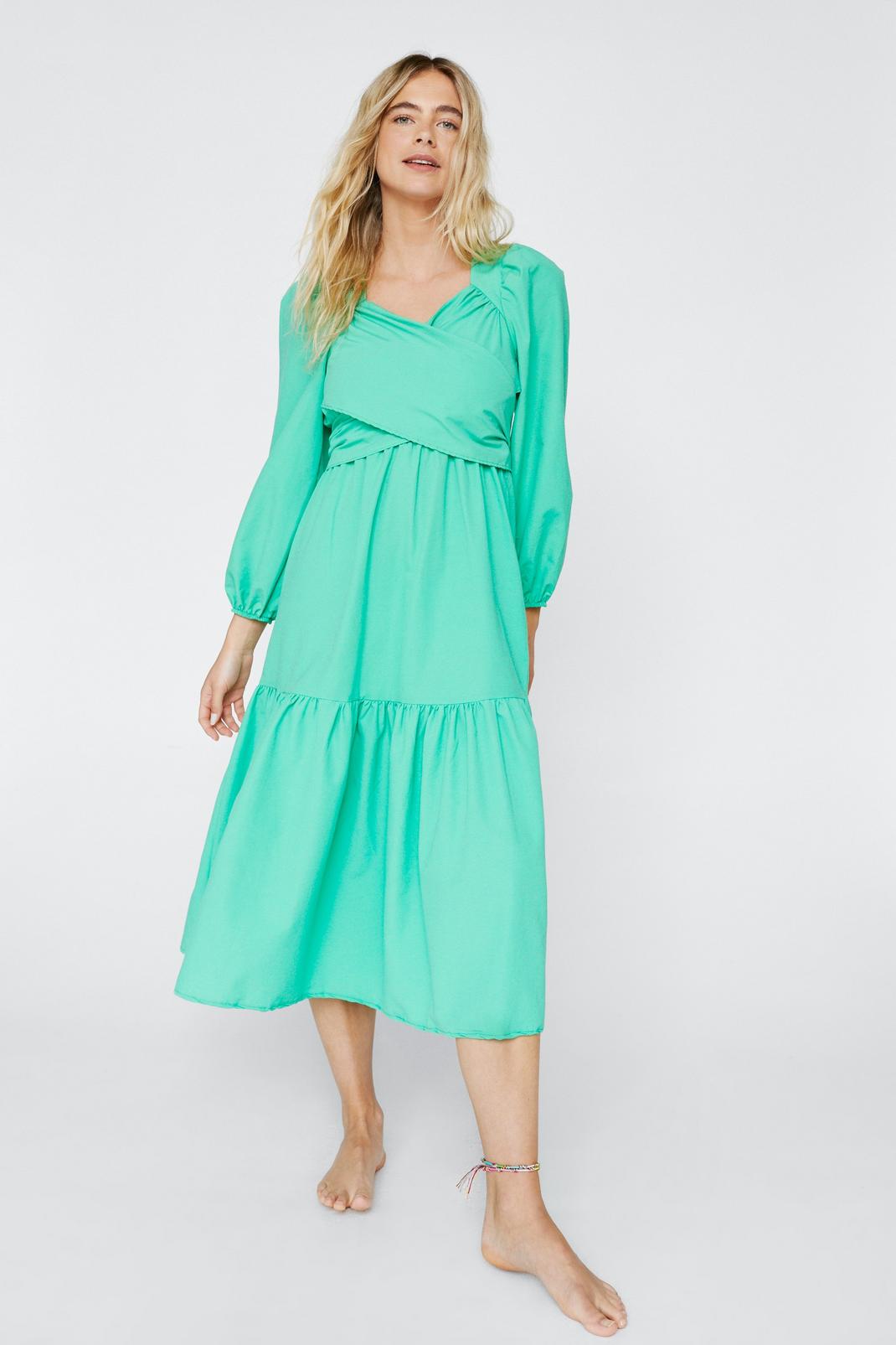 Green Crossover Puff Sleeve Tiered Smock Dress image number 1