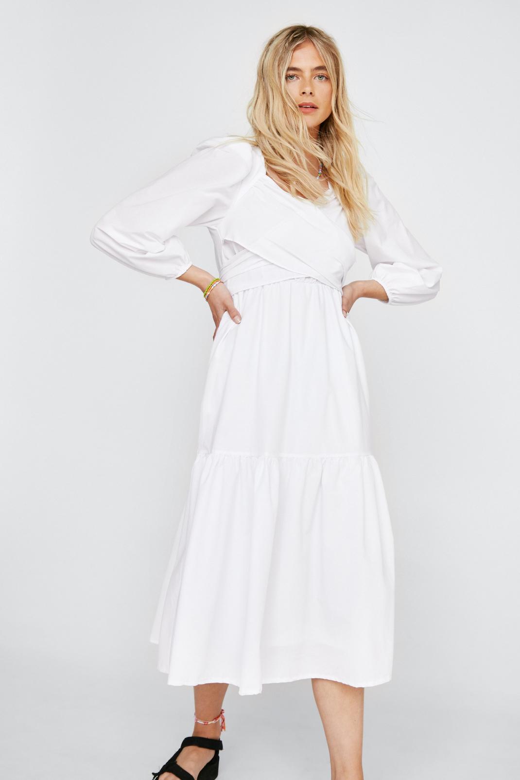 White Ruched Puff Sleeve Tiered Midi Smock Dress image number 1