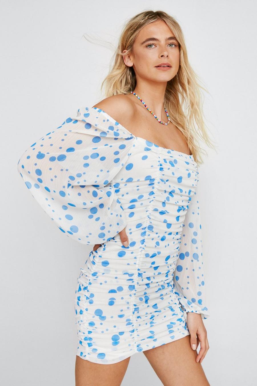 Floral Ruched Front Puff Sleeve Mini Dress