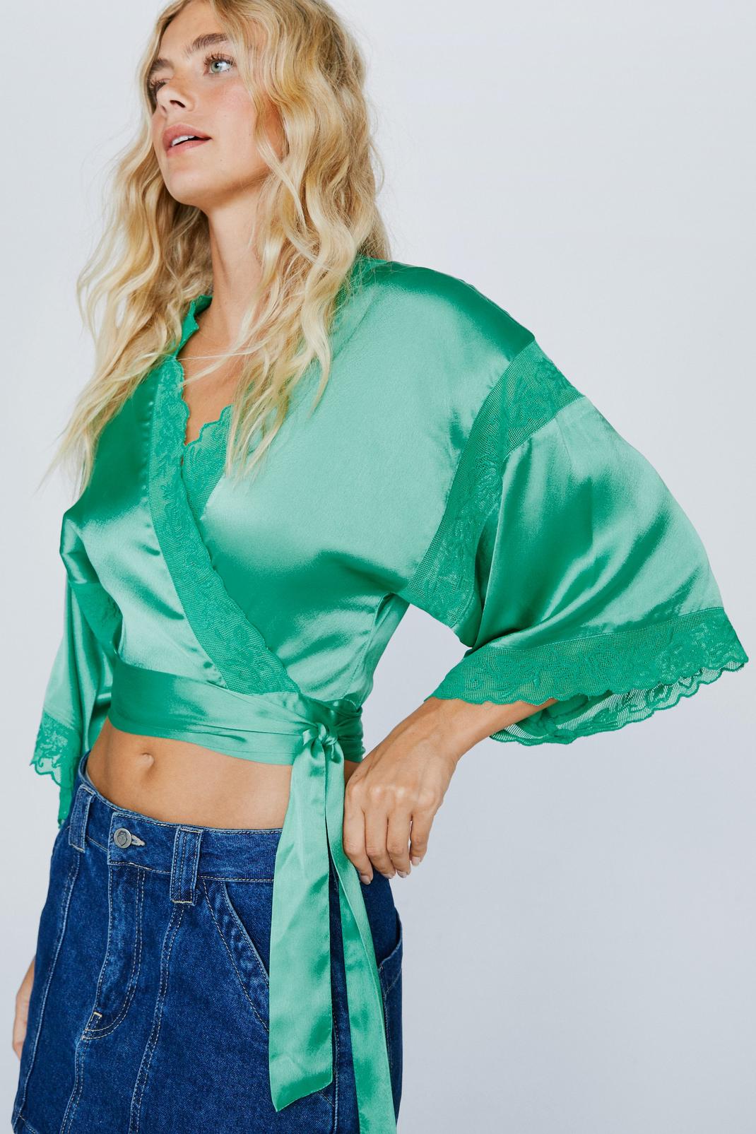 Green Satin Lace Trim Wrap Blouse image number 1