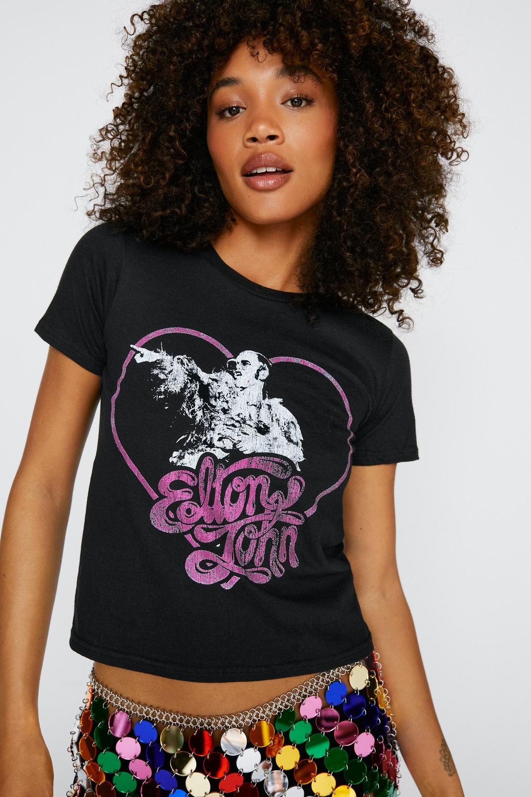 Black Elton John Fitted Glitter Graphic T-shirt image number 1
