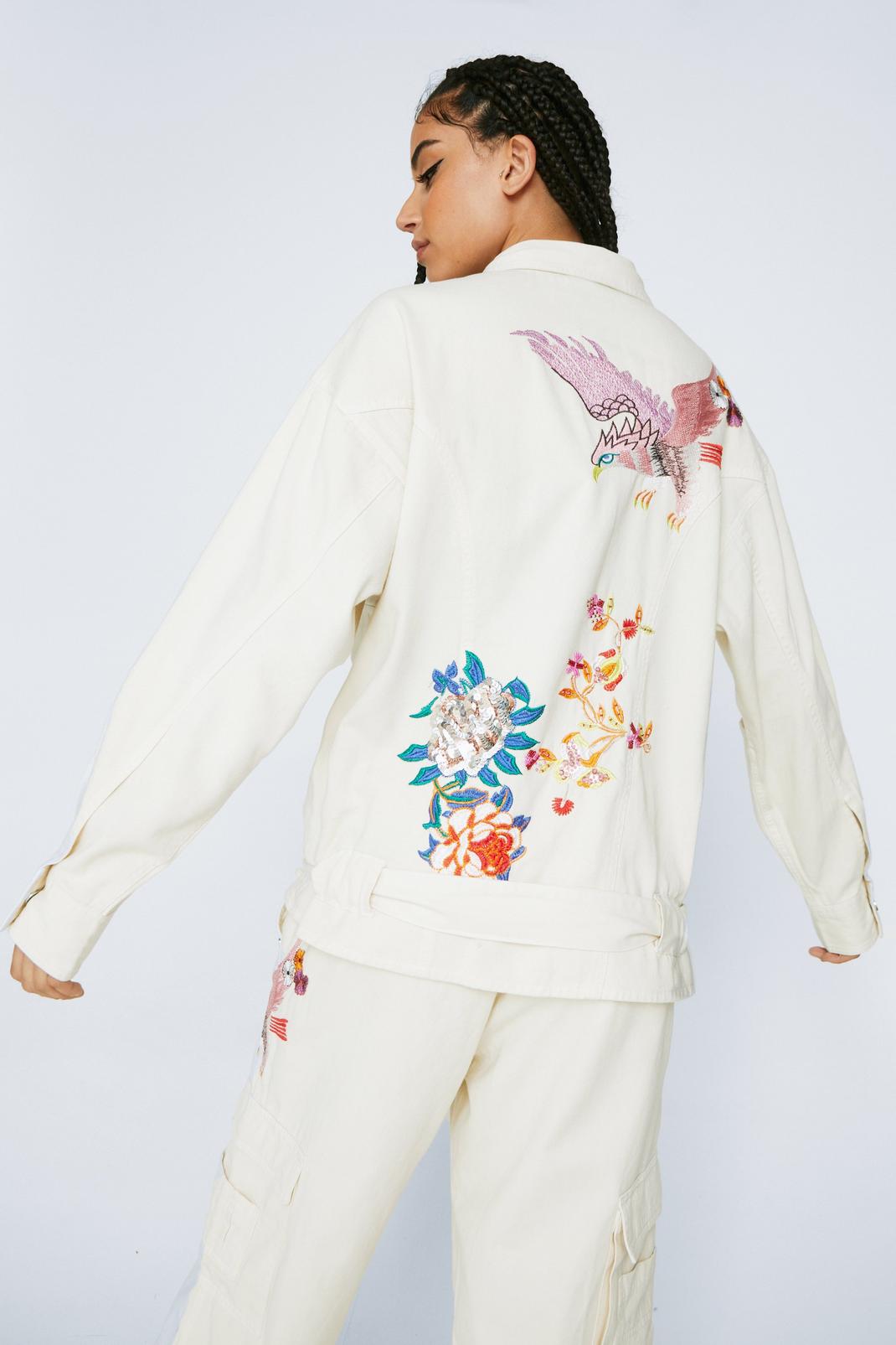 Ecru Embroidered Beaded Oversized Pocket Shacket image number 1