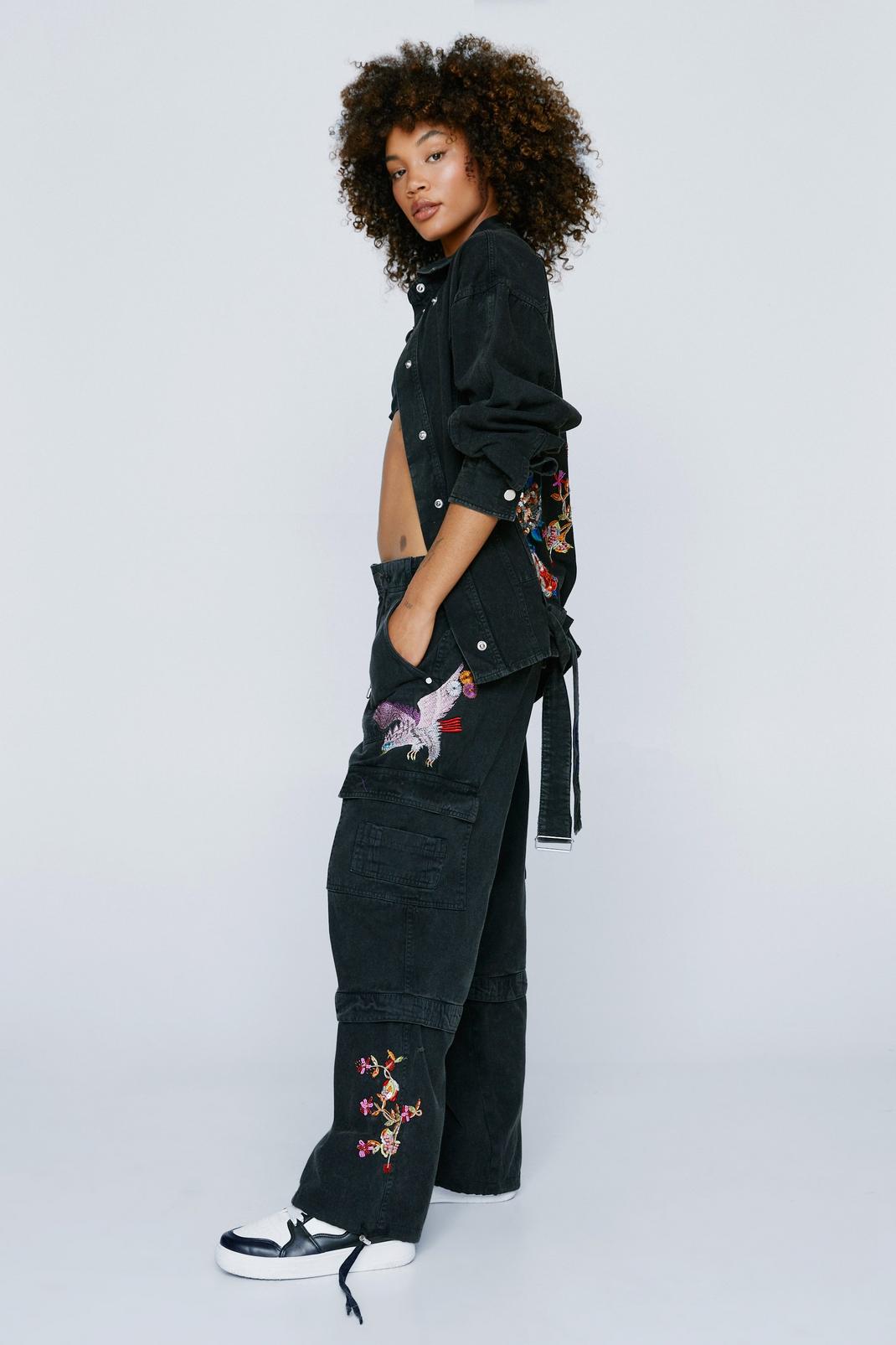 Charcoal Embroidered Beaded Pocket Cargo Pants image number 1