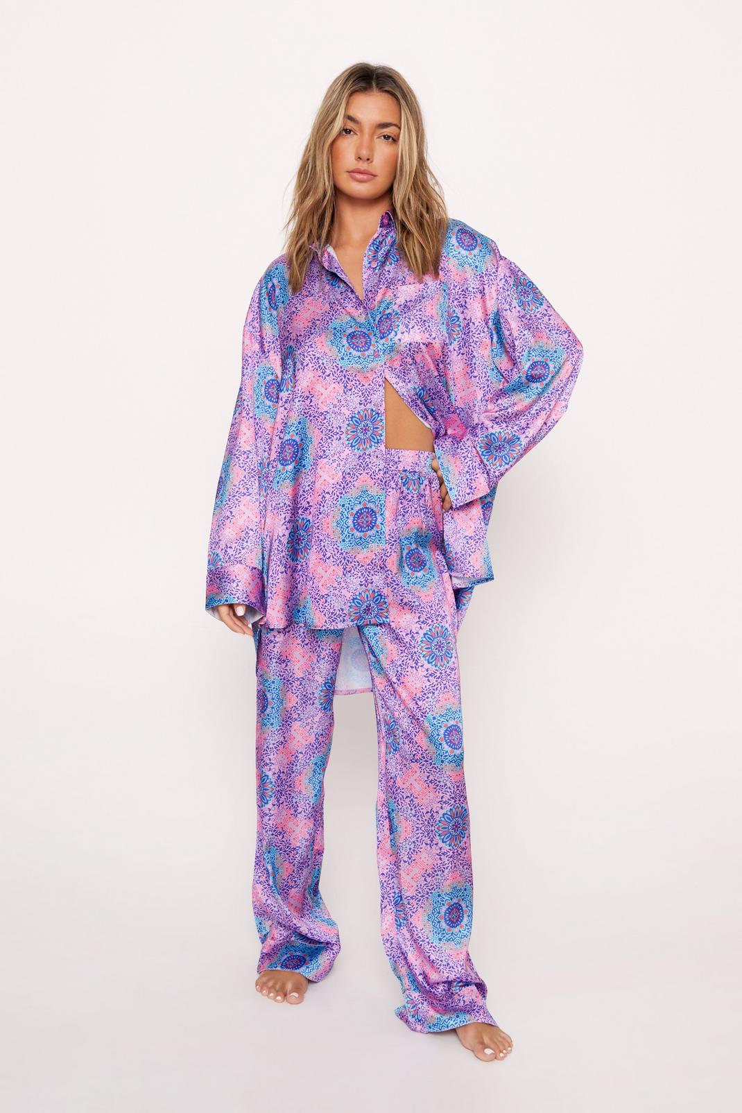 Violet Tile Print Satin Long Pyjama Set image number 1