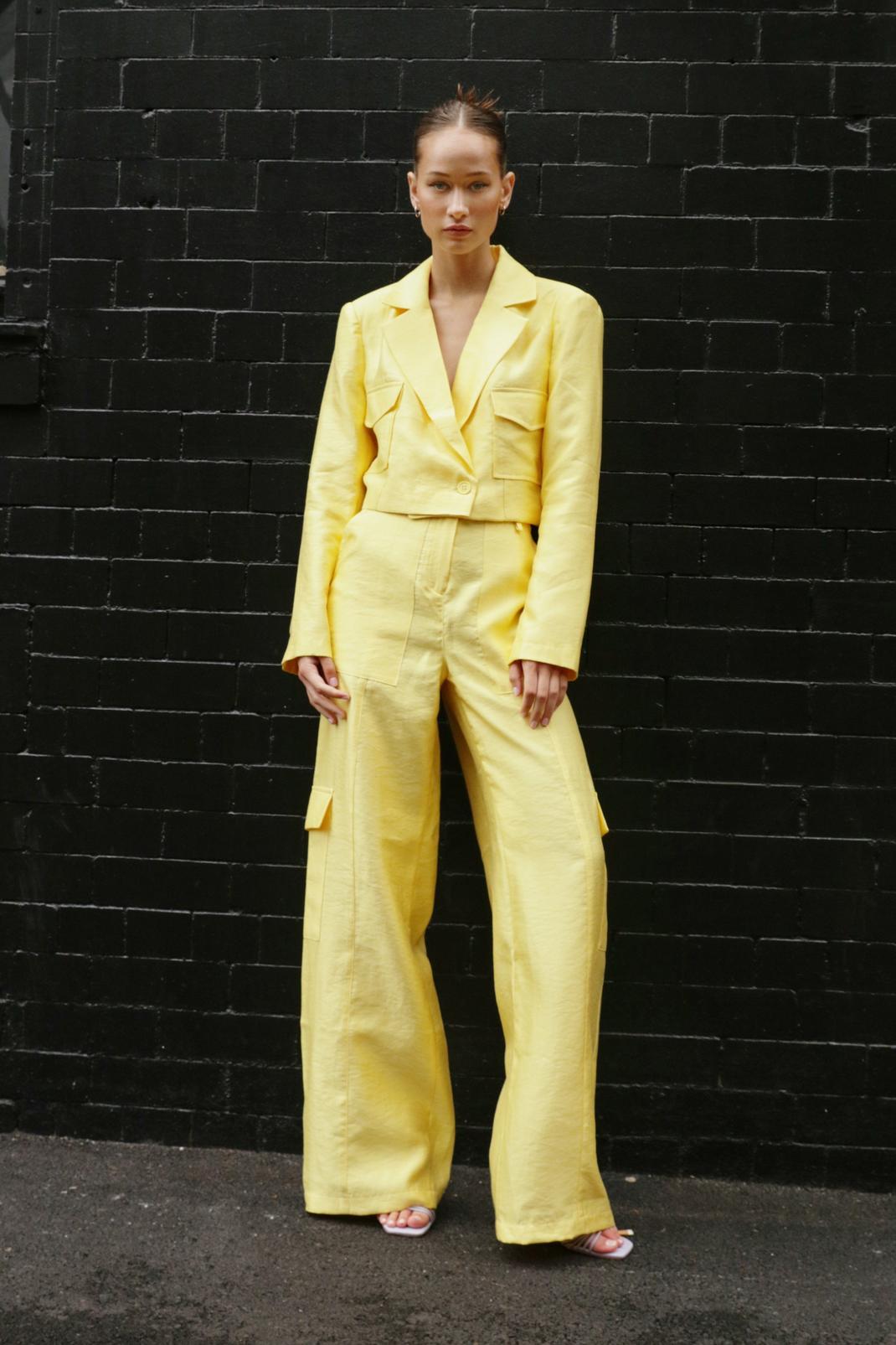 Yellow Structured Satin Cargo Pants image number 1
